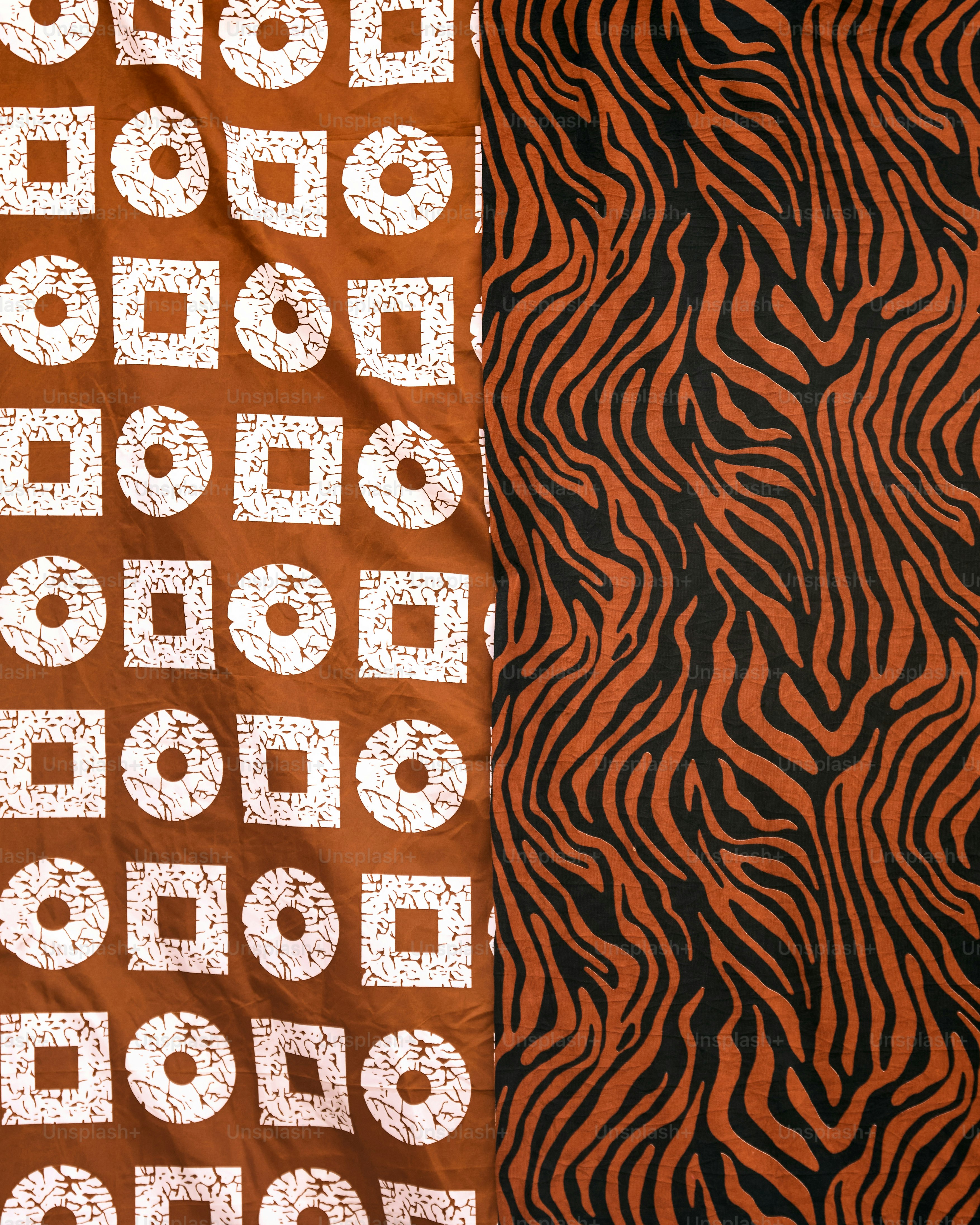 Brown fabric with geometric and zebra print patterns