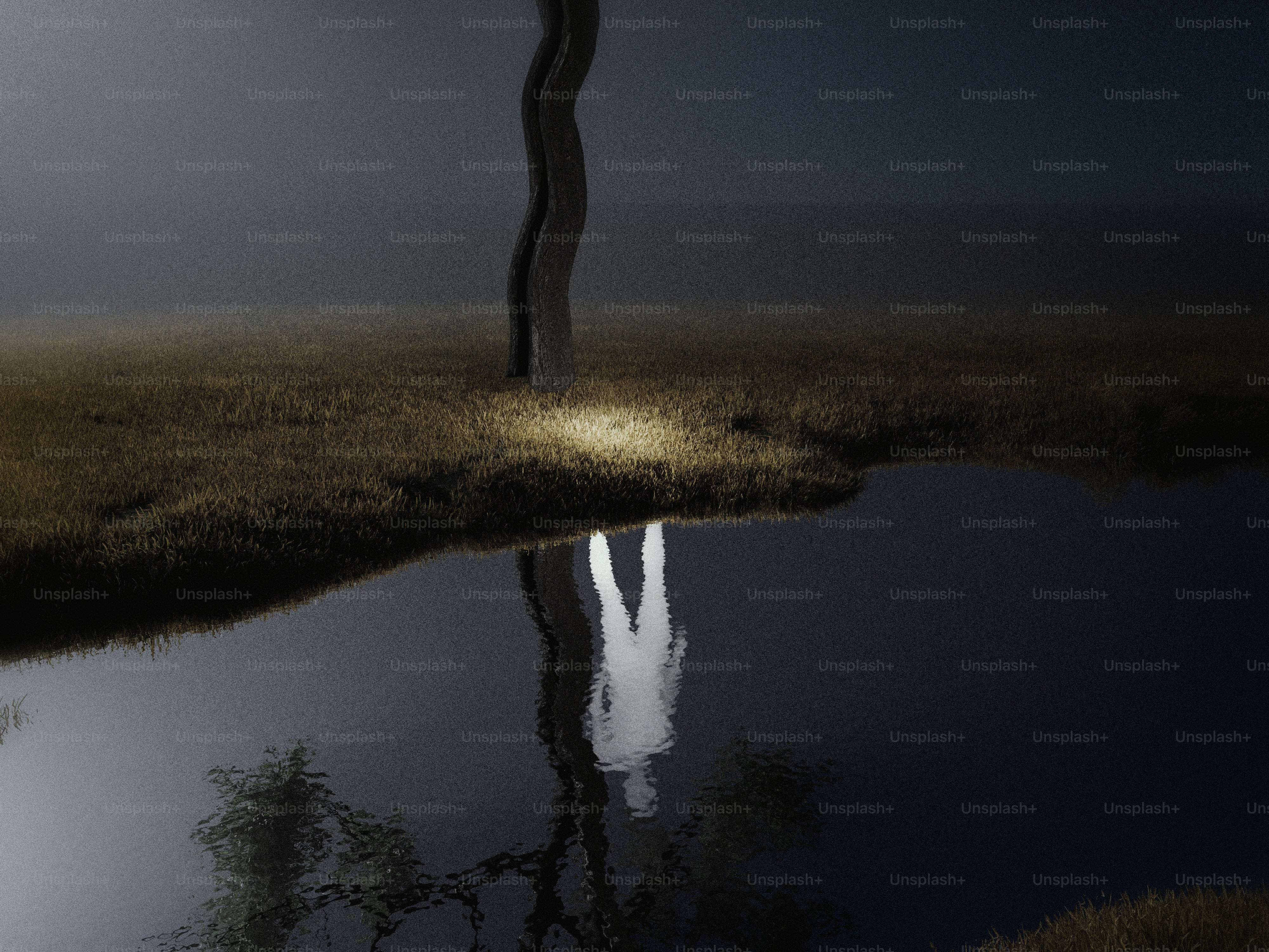 A solitary figure reflected in dark water