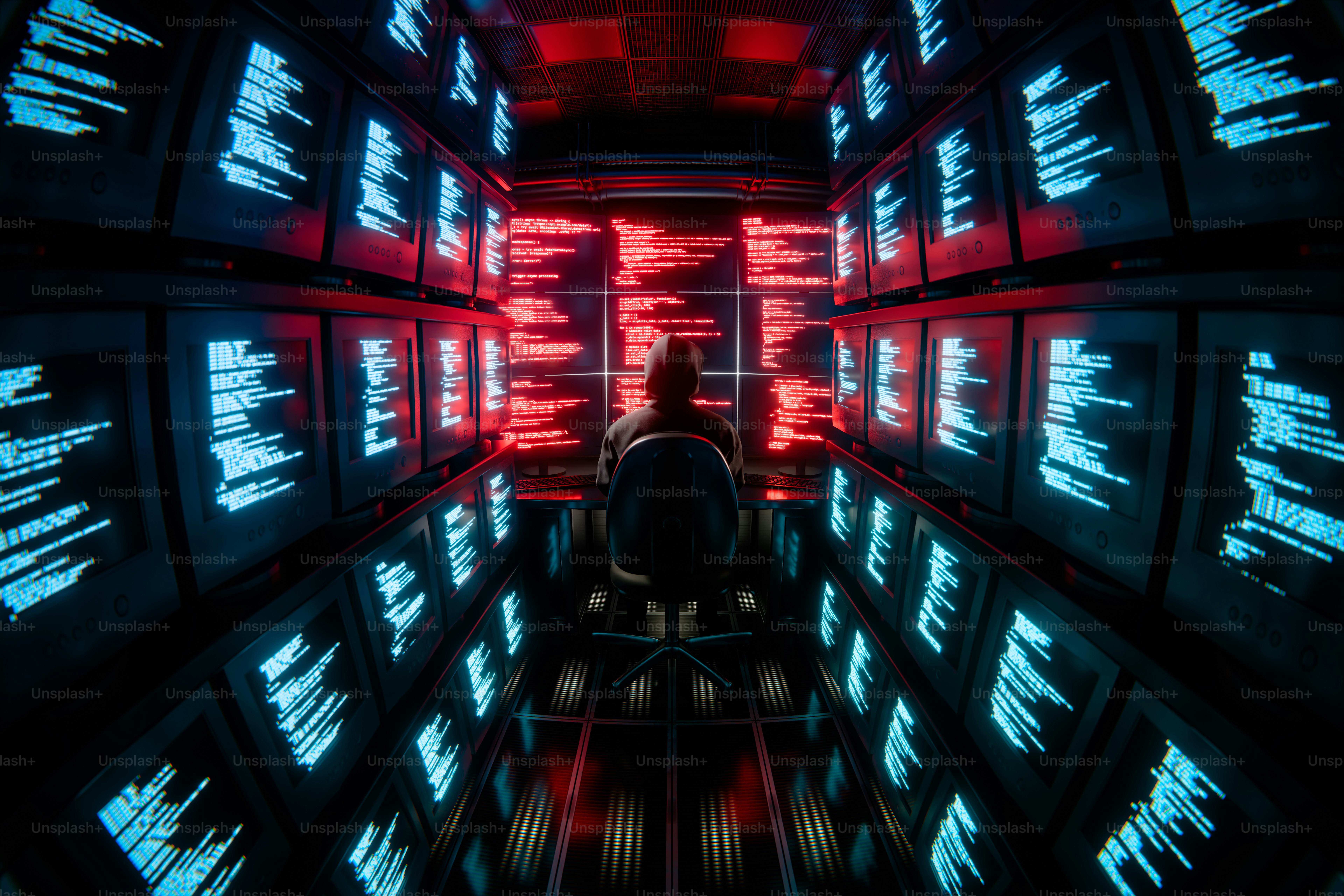 Person in dark room surrounded by glowing computer monitors