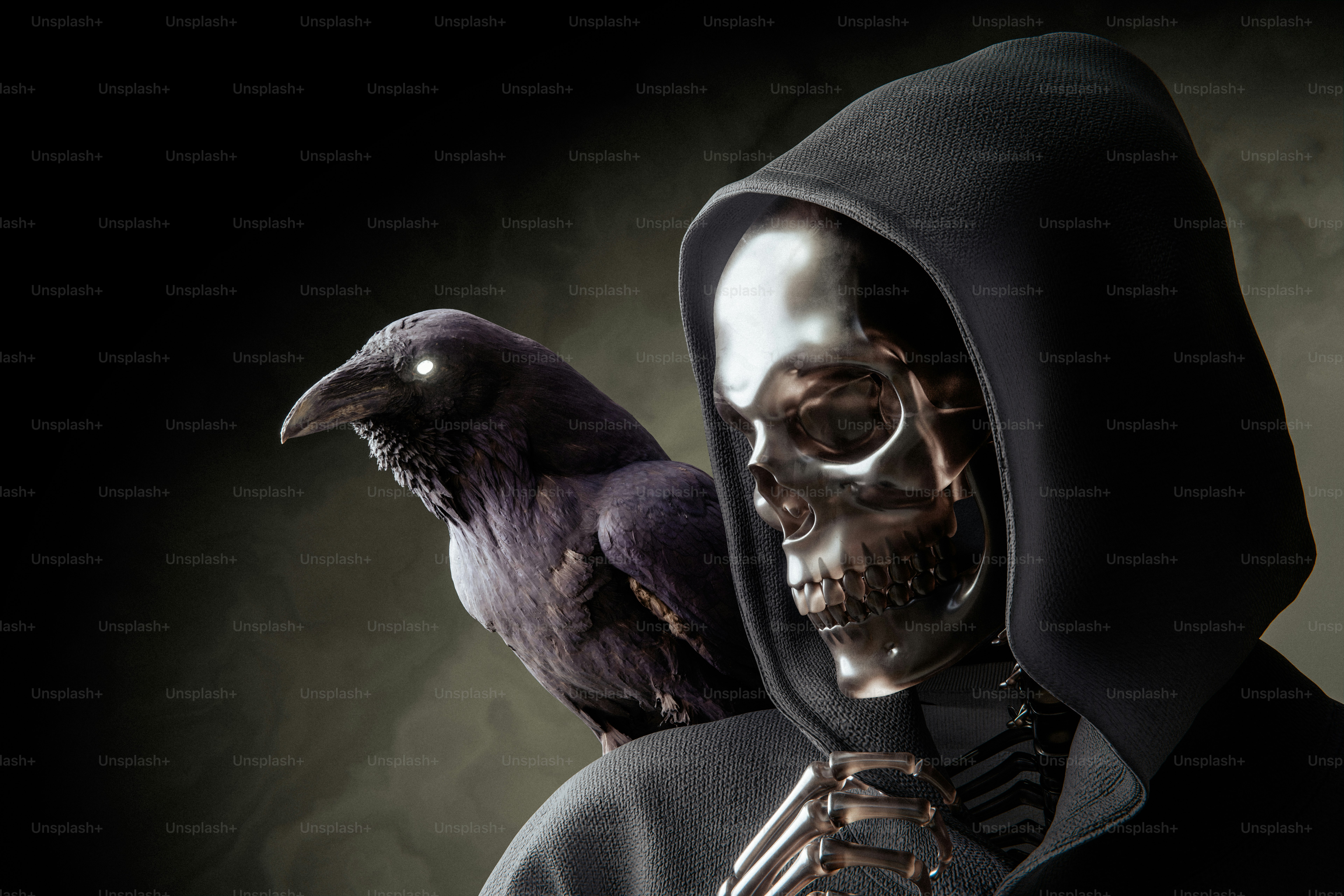 Mietitore con un corvo sulla spalla