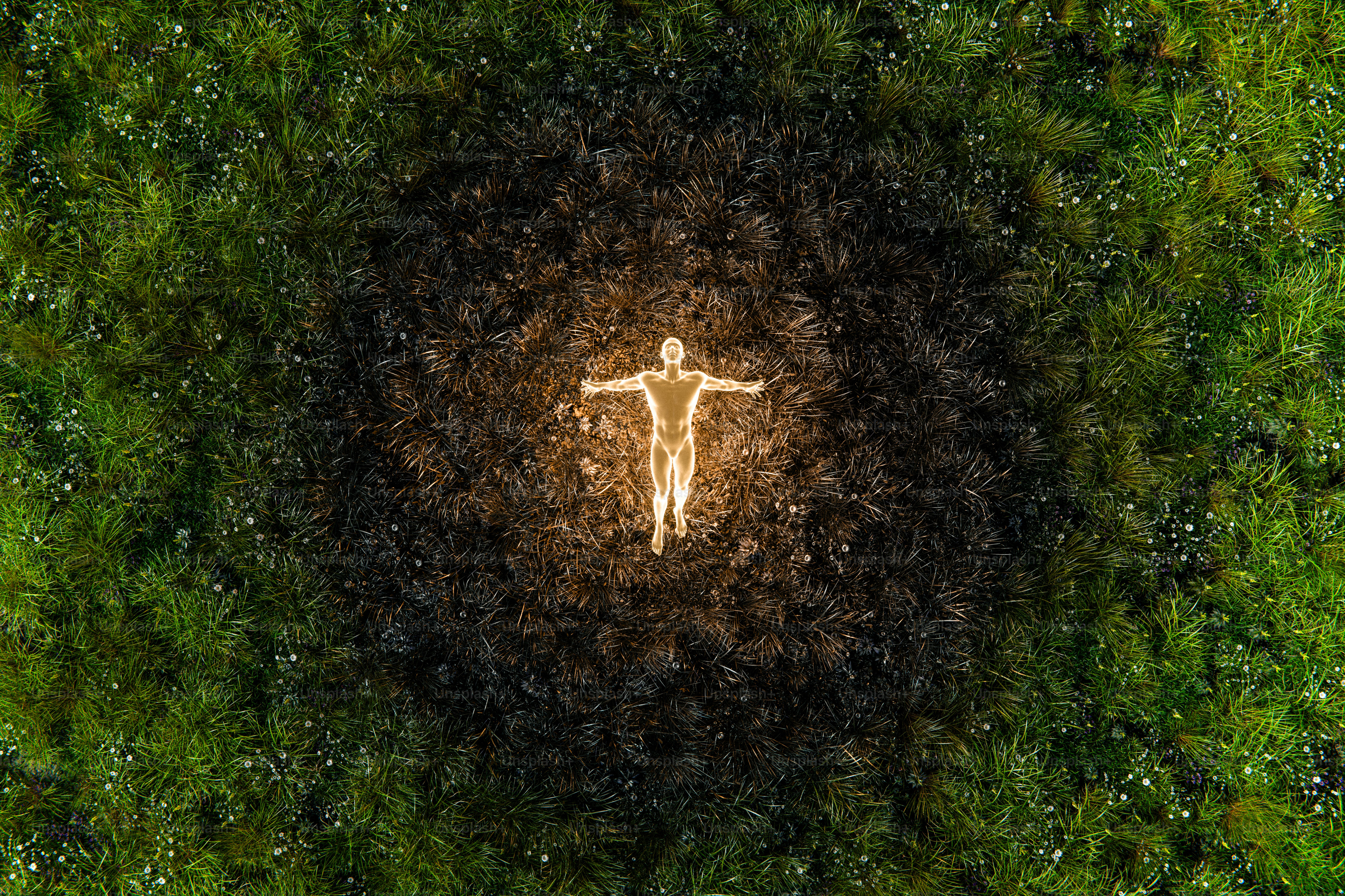 Glowing figure lying in a circle of dark grass.