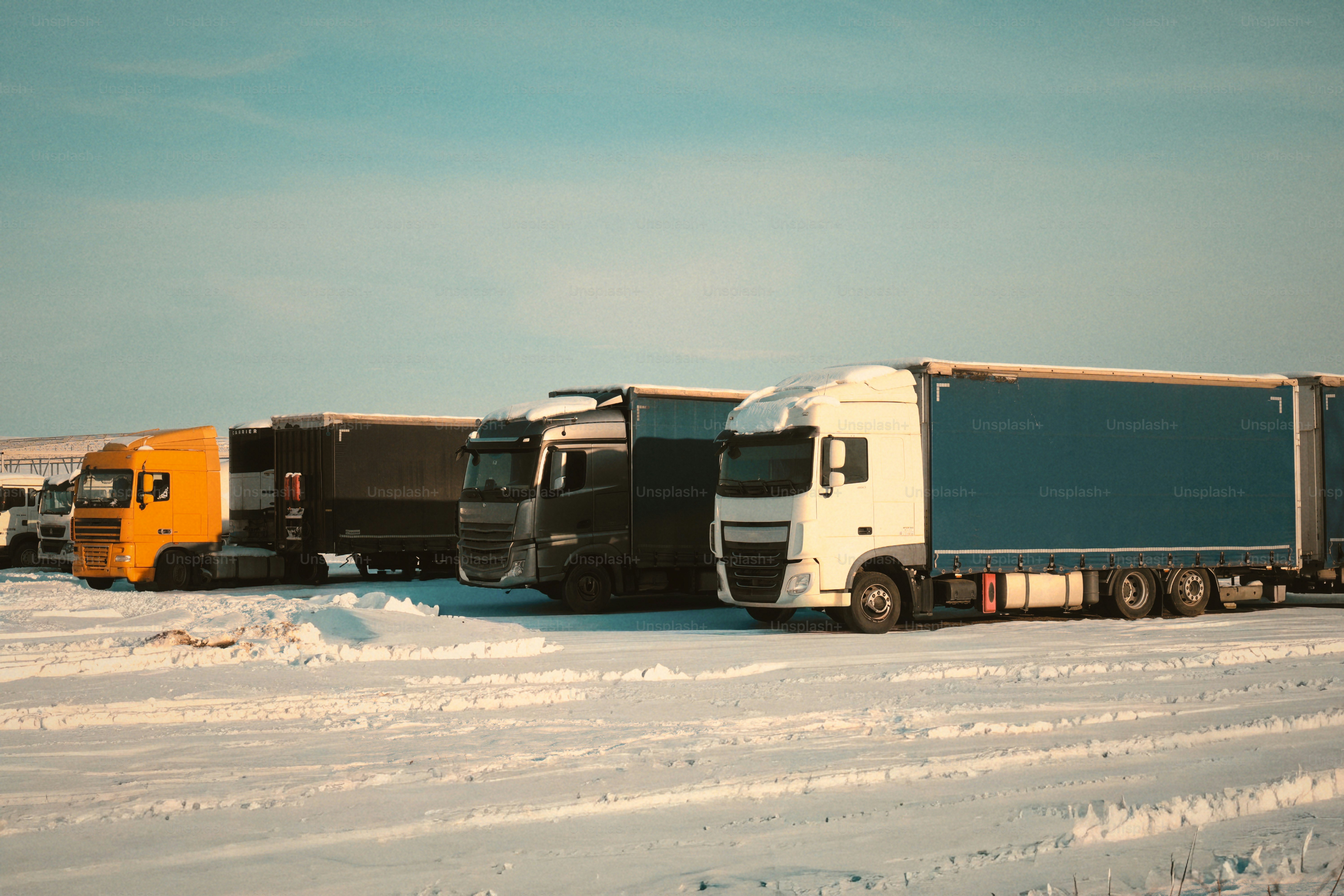Several semi-trucks parked in a snowy lot.