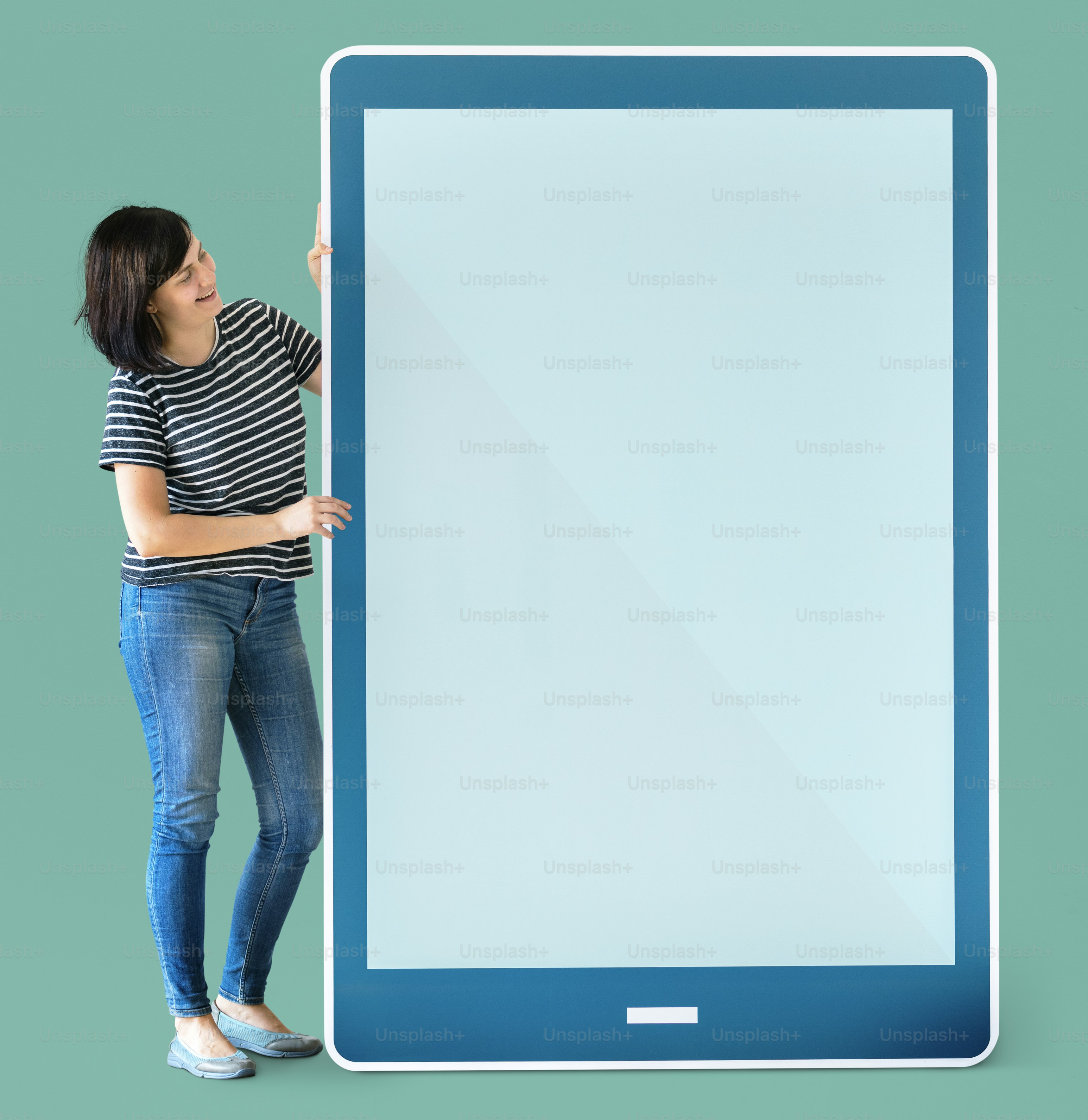 Woman holding a blue tablet mockup
