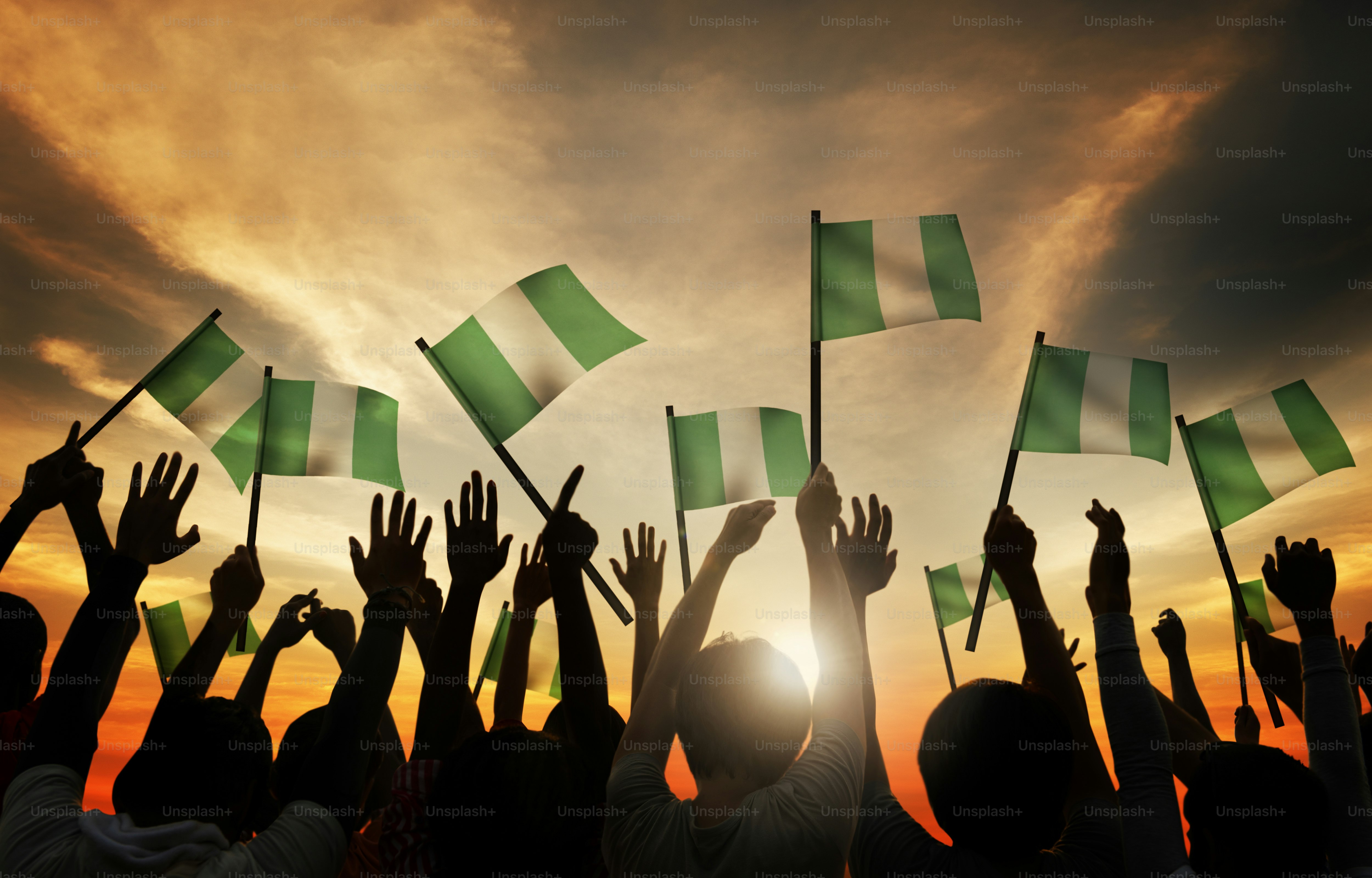 Gruppe von Menschen, die die Flagge Nigerias im Hintergrund schwenken***Das sind unsere eigenen 3D-Generik-Designs. Sie verletzen keine urheberrechtlich geschützten Designs.***
