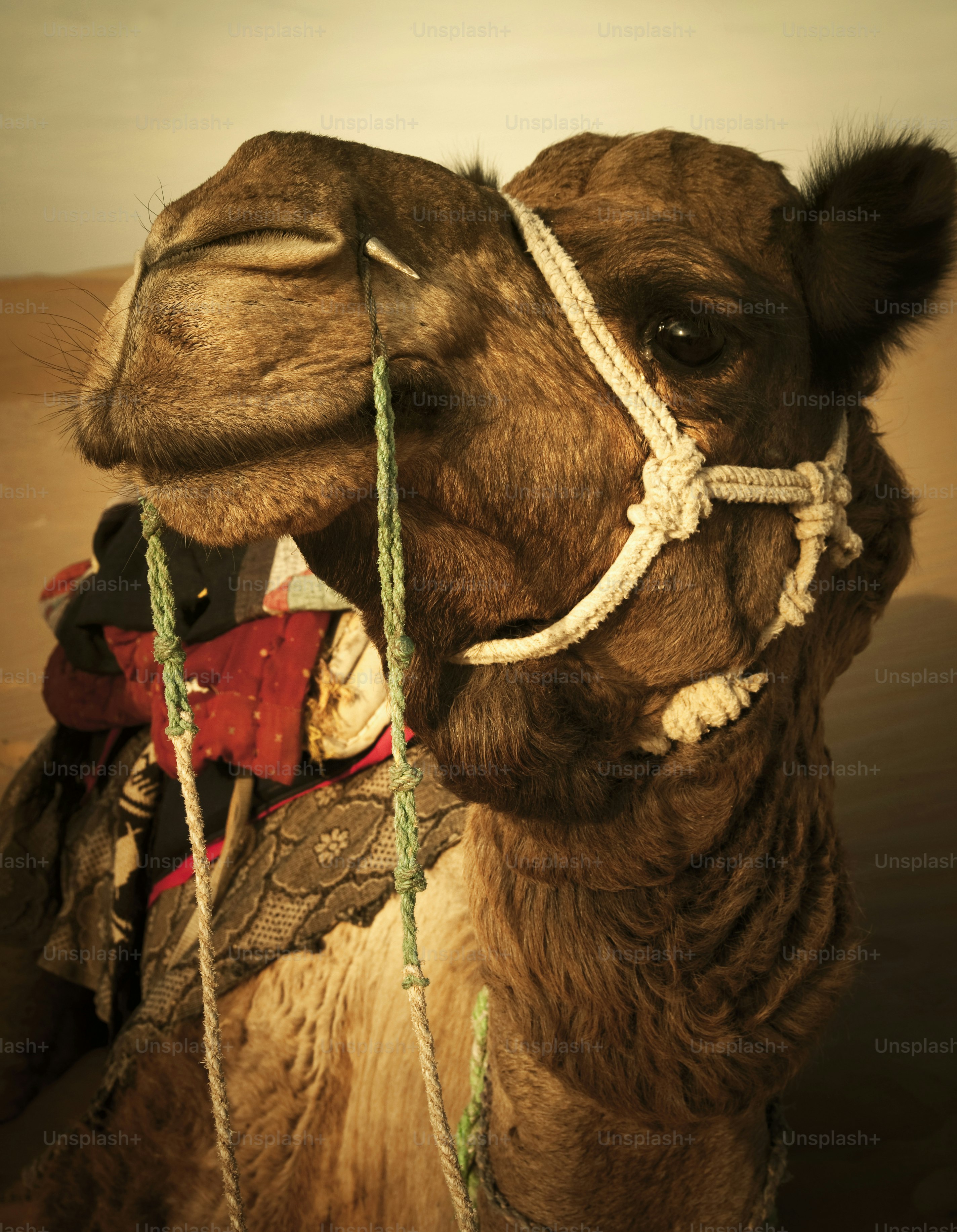 Close-up of a camel's face with a saddle