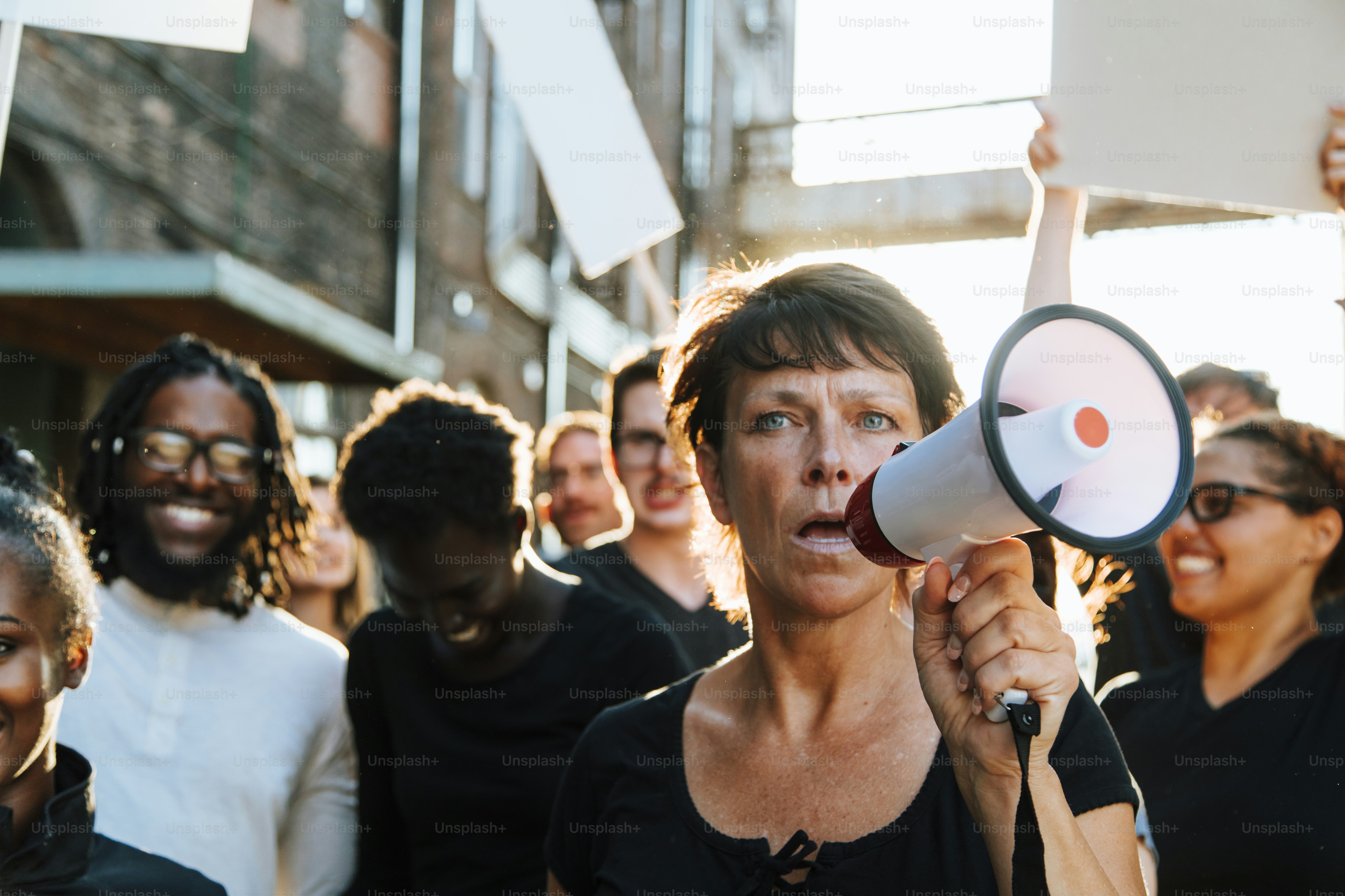 Feminist with a megaphone at a protest