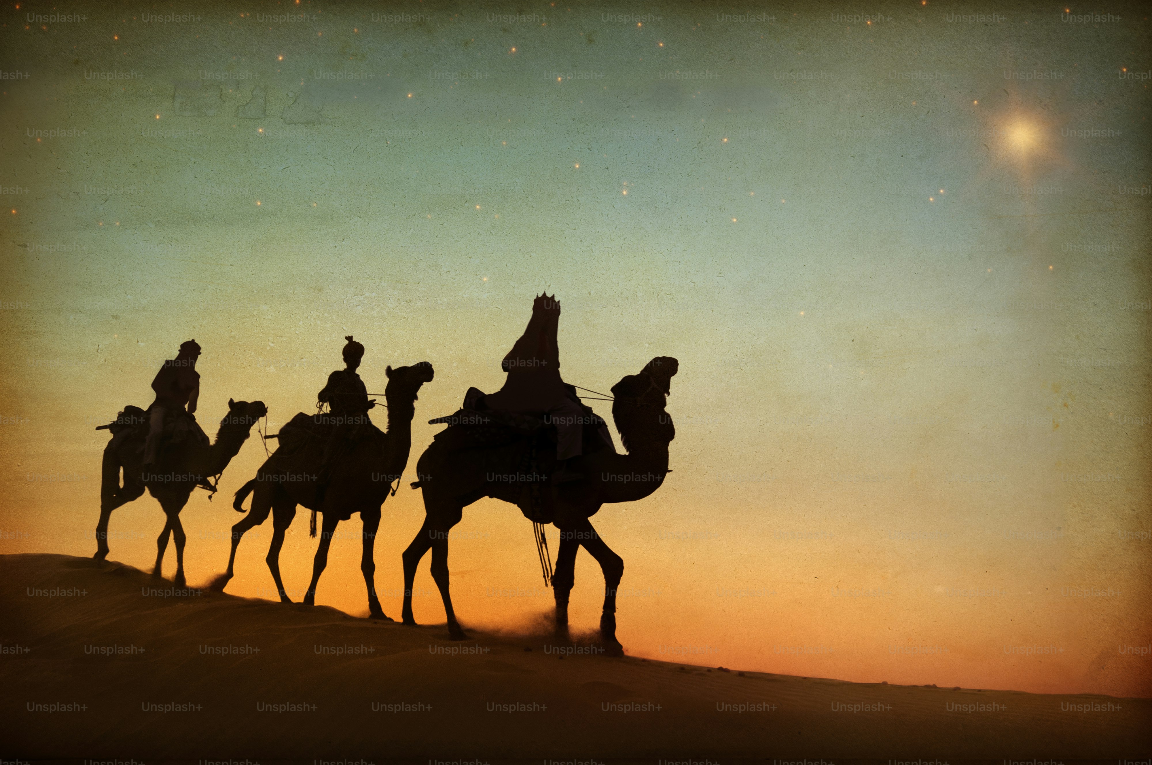 Three wise men riding camels under a starry sky