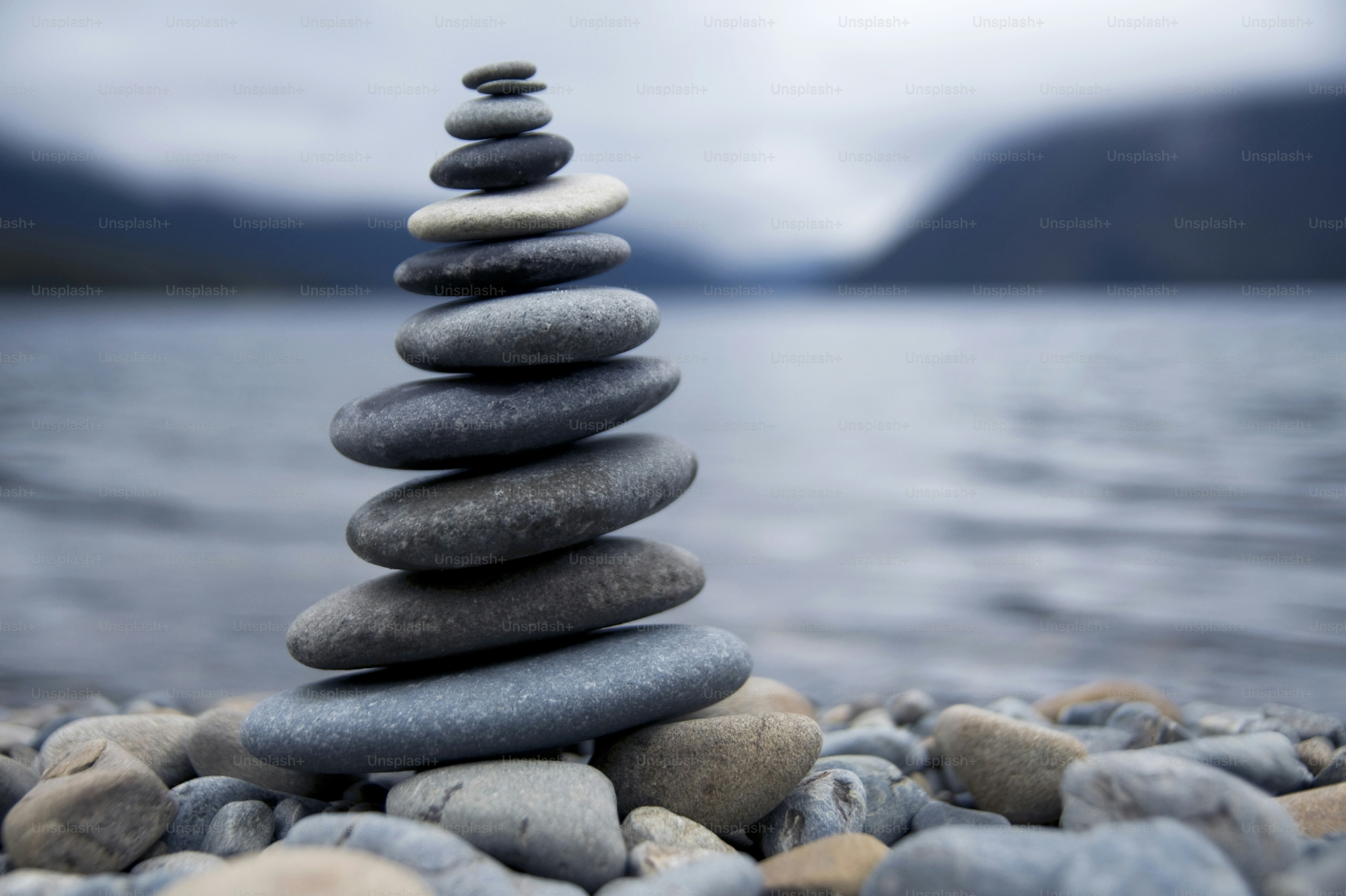 Stack of Pebbles on a lake shore.