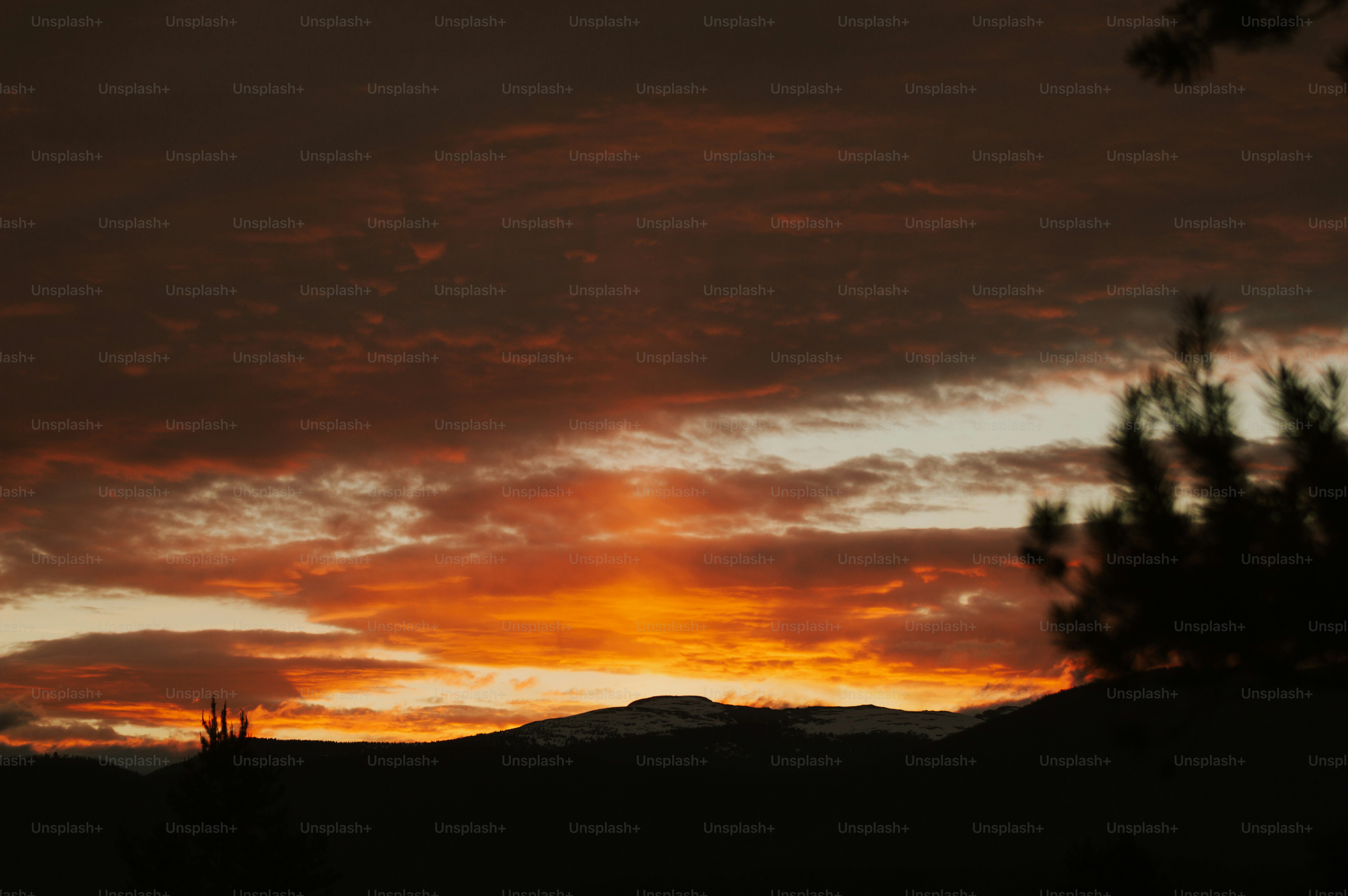 Fiery sunset over silhouetted mountains and trees