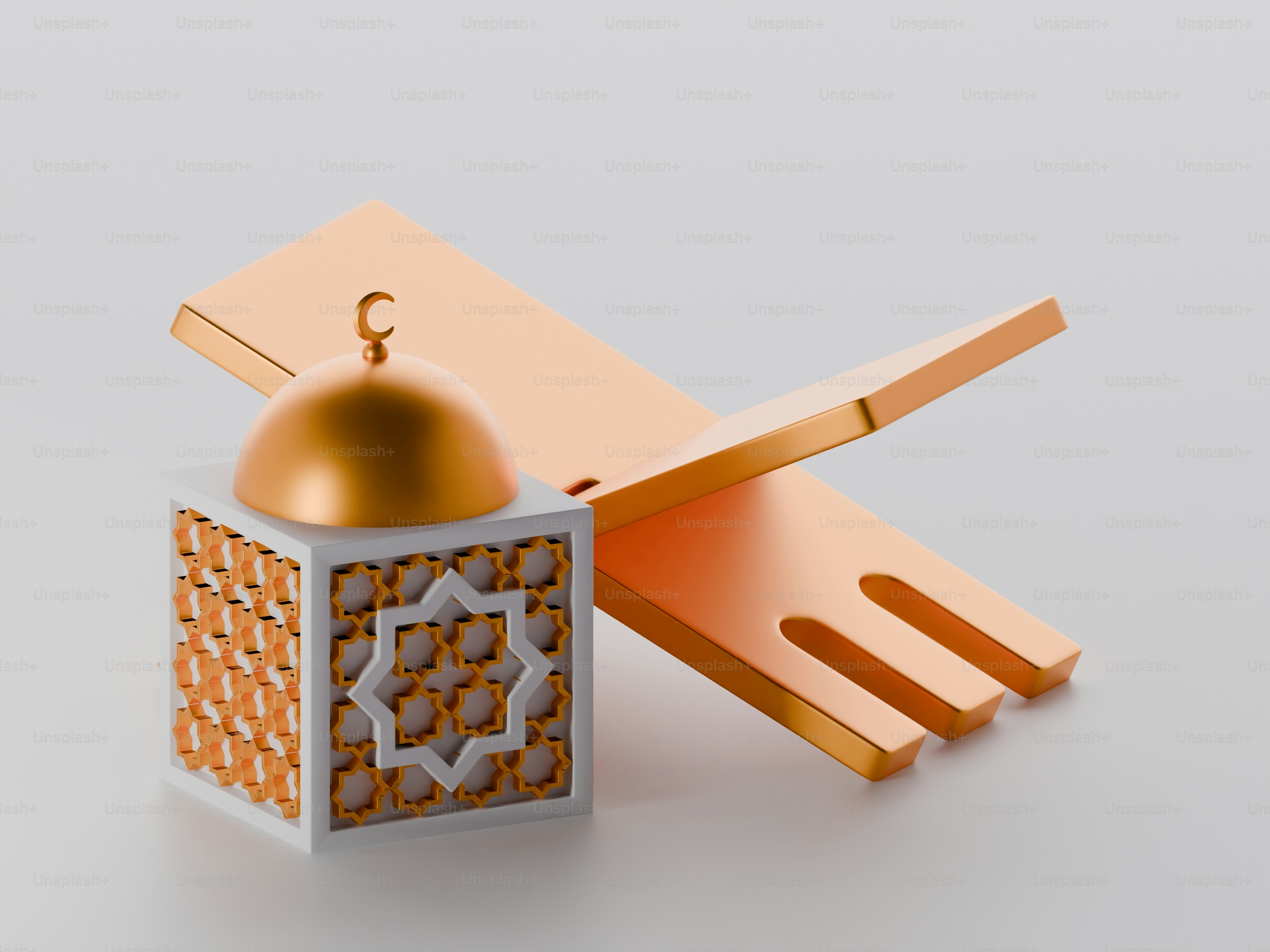 A golden quran stand with a decorative box.