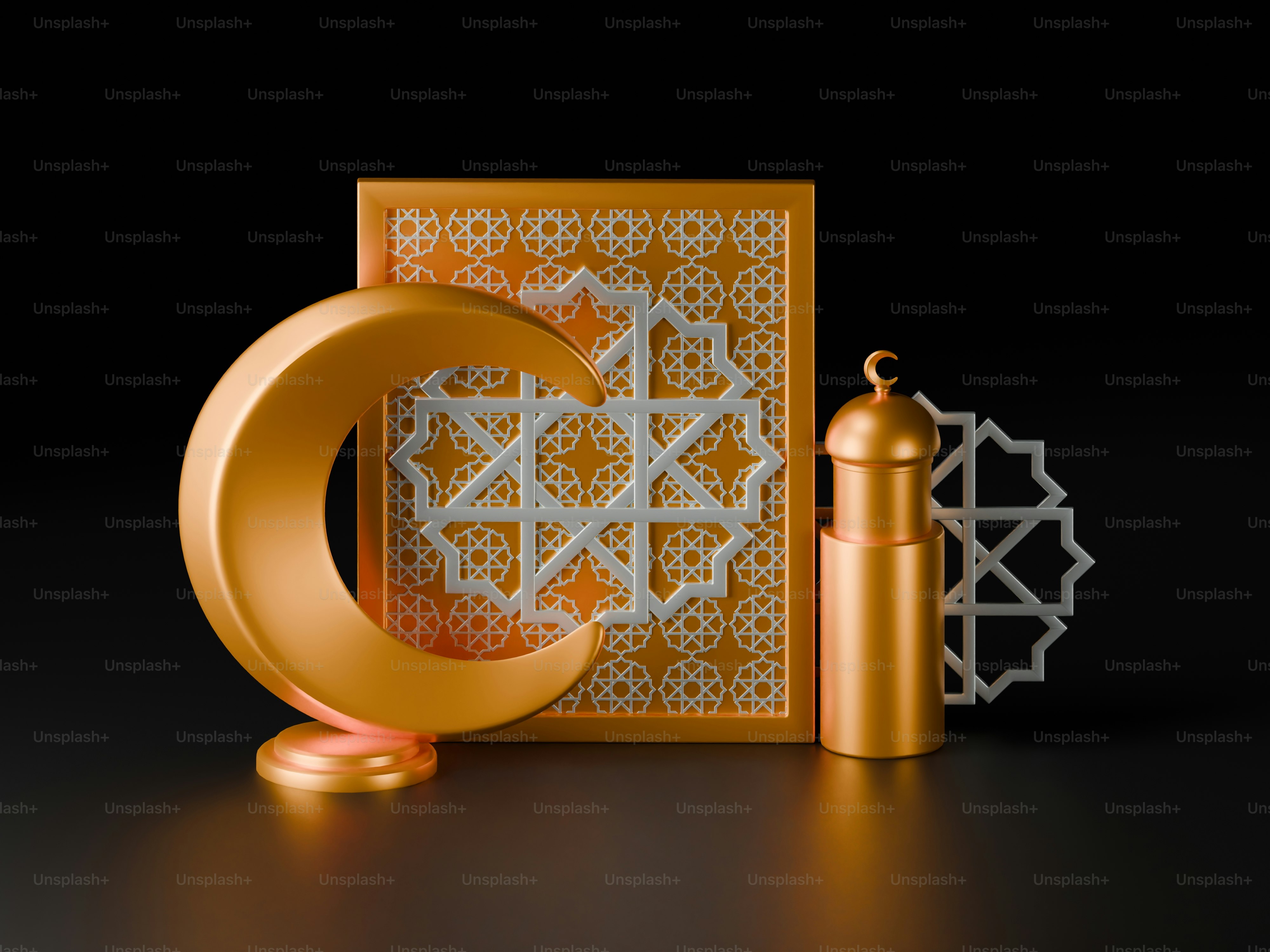 Golden crescent moon, lantern, and islamic geometric pattern