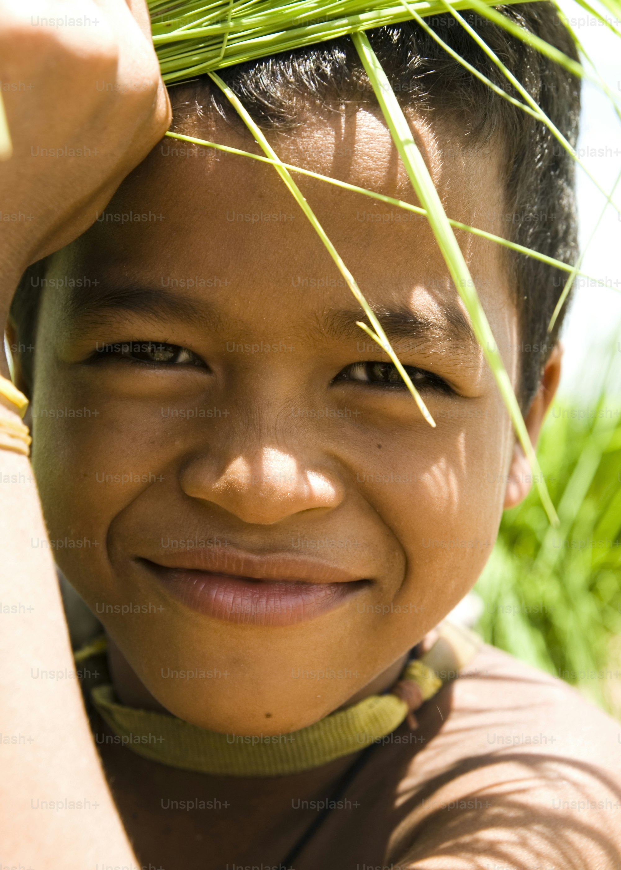 Menino cambojano trabalhando em um campo de arroz durante o meio-dia