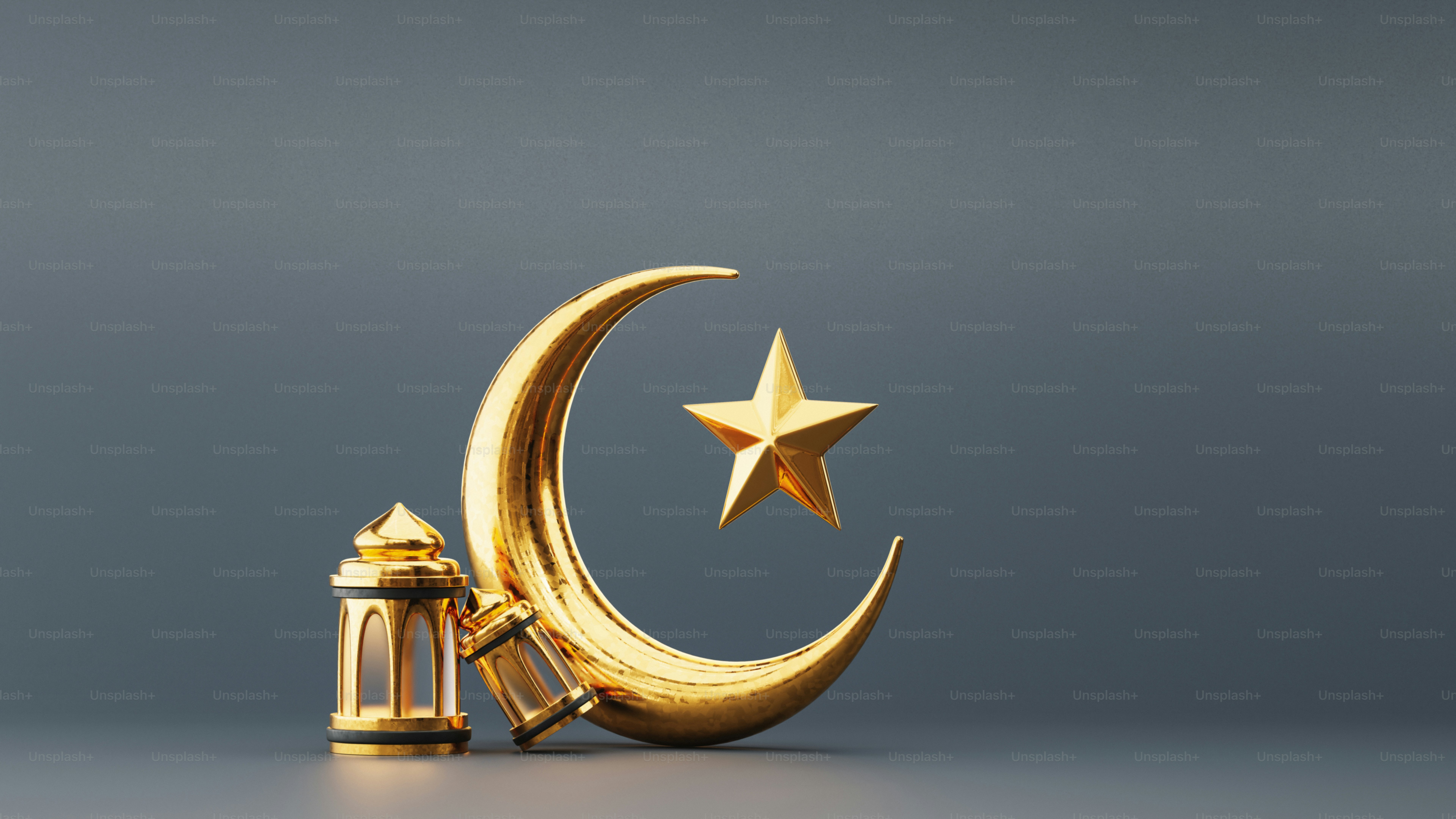 Golden crescent moon with star and lantern