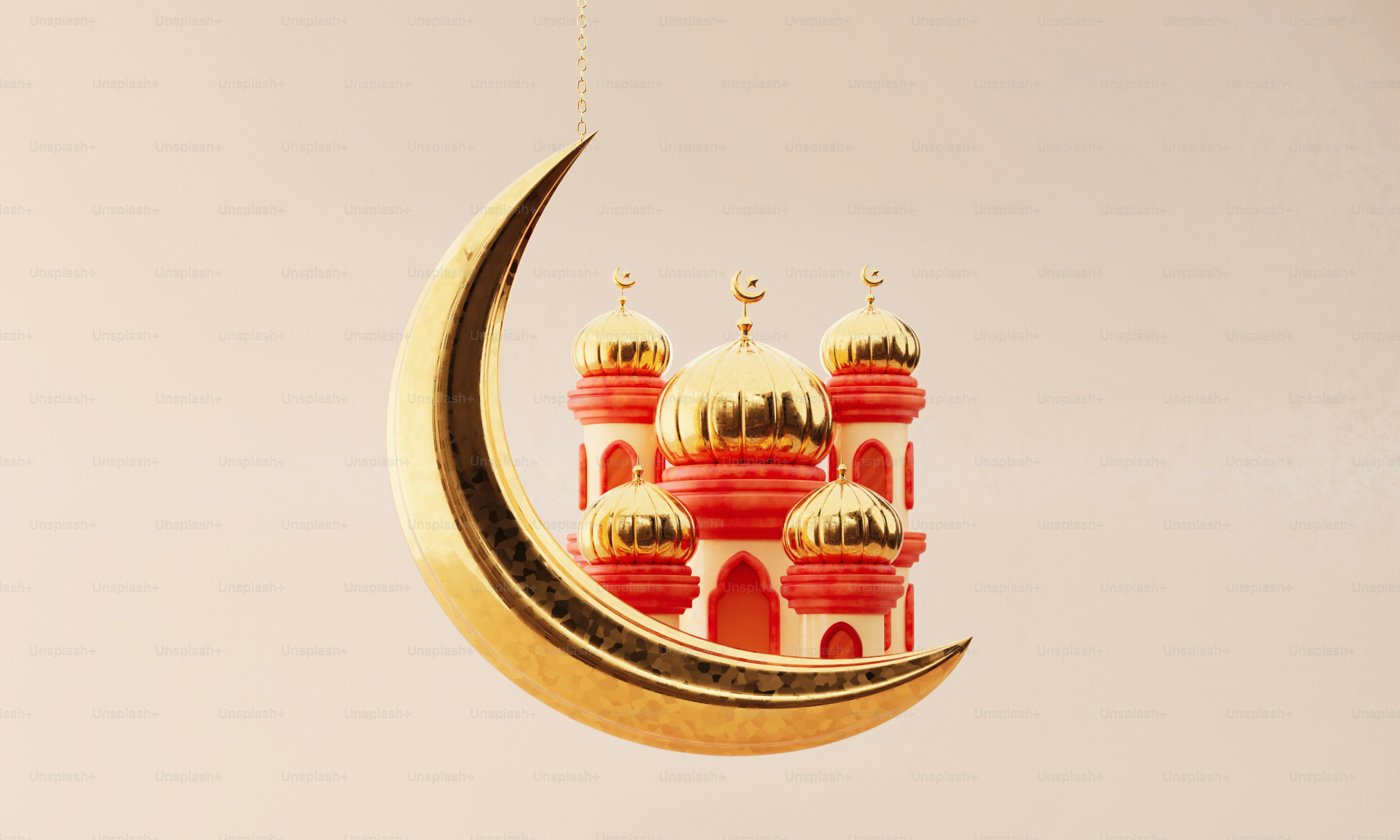 Golden crescent moon with a mosque