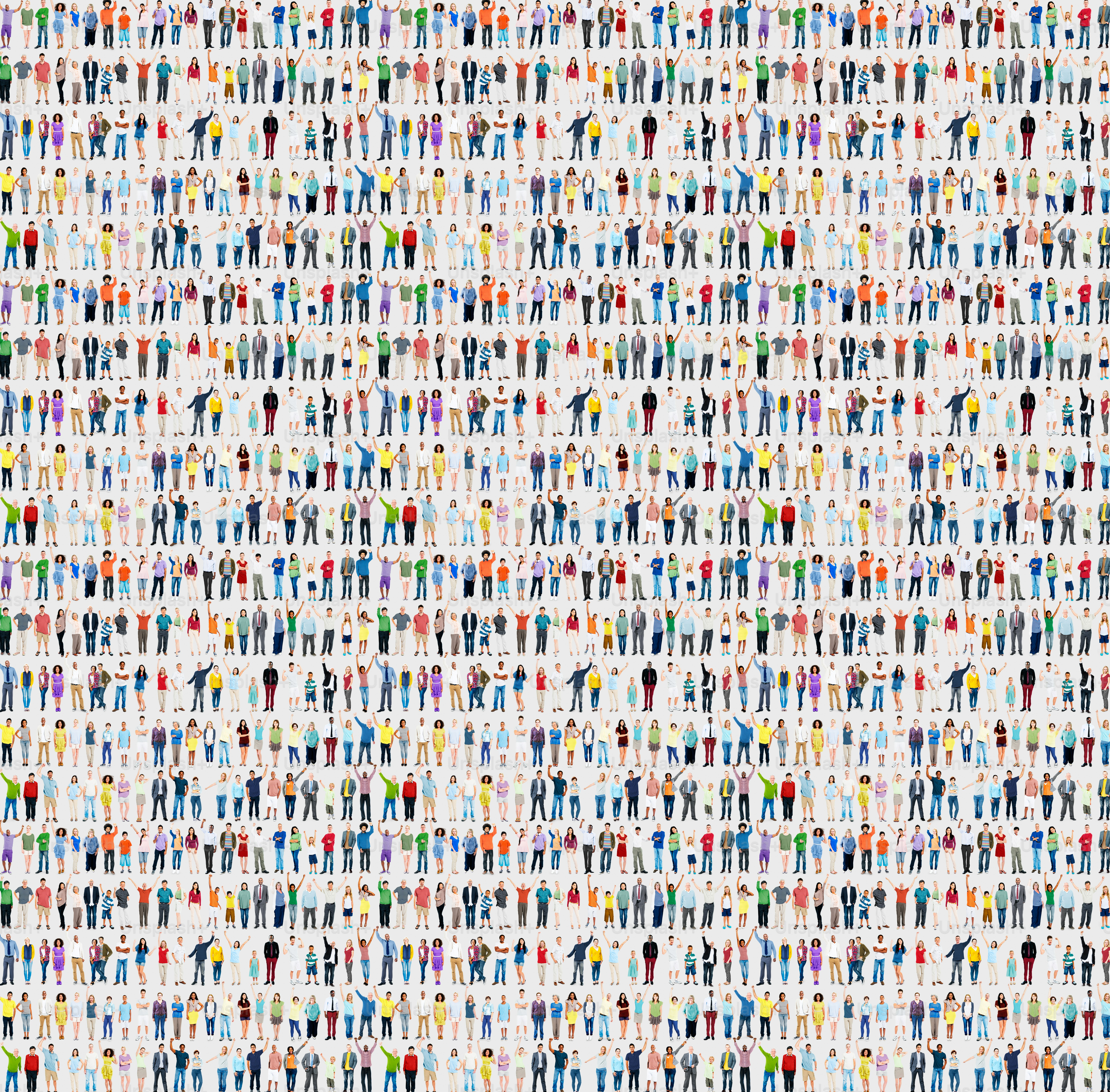 A large group of diverse people standing in rows against a white background