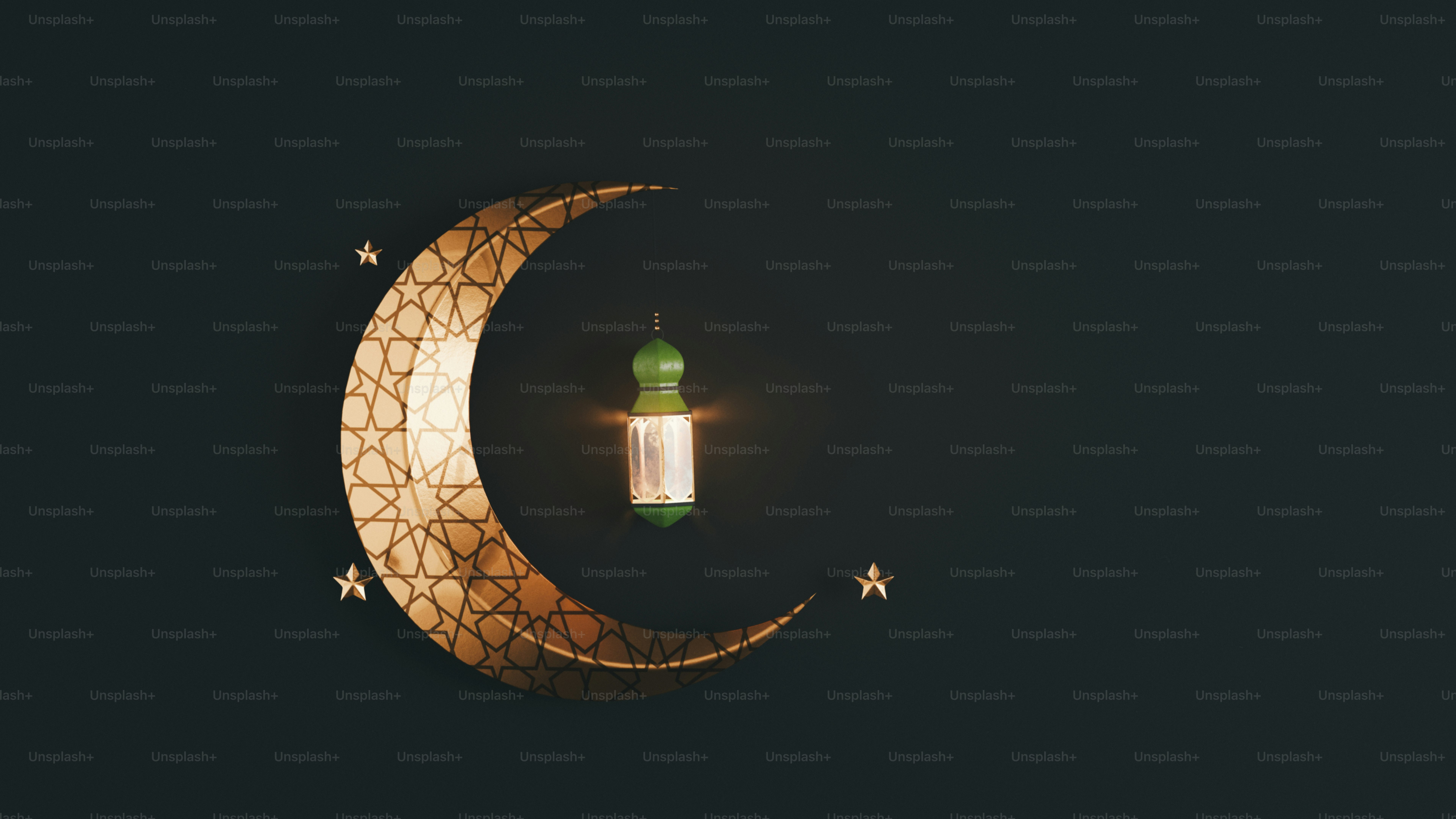 Golden crescent moon with ornate patterns and lantern. photo – Islamic ...