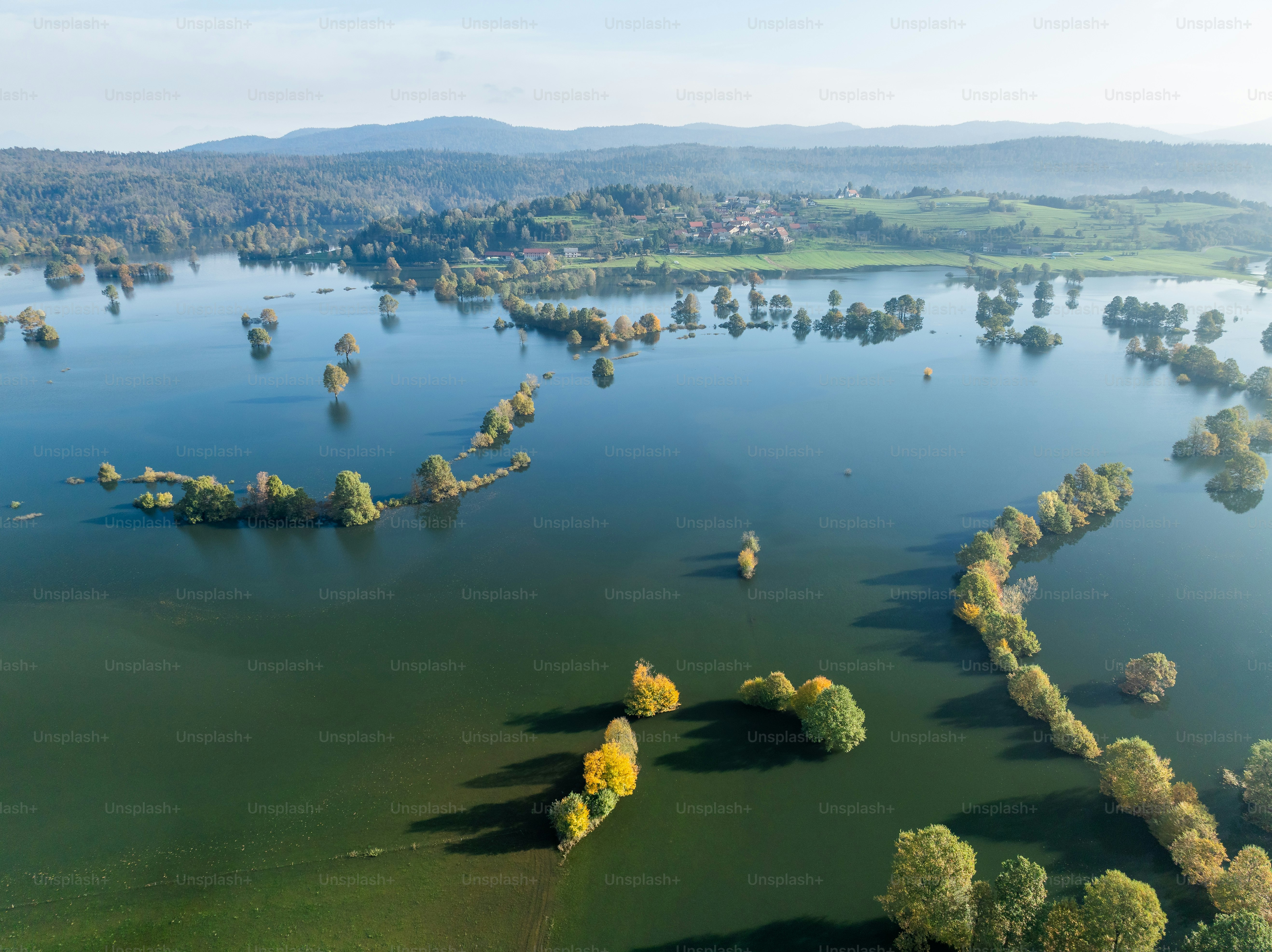 Paysage inondé avec arbres et collines sous un ciel dégagé