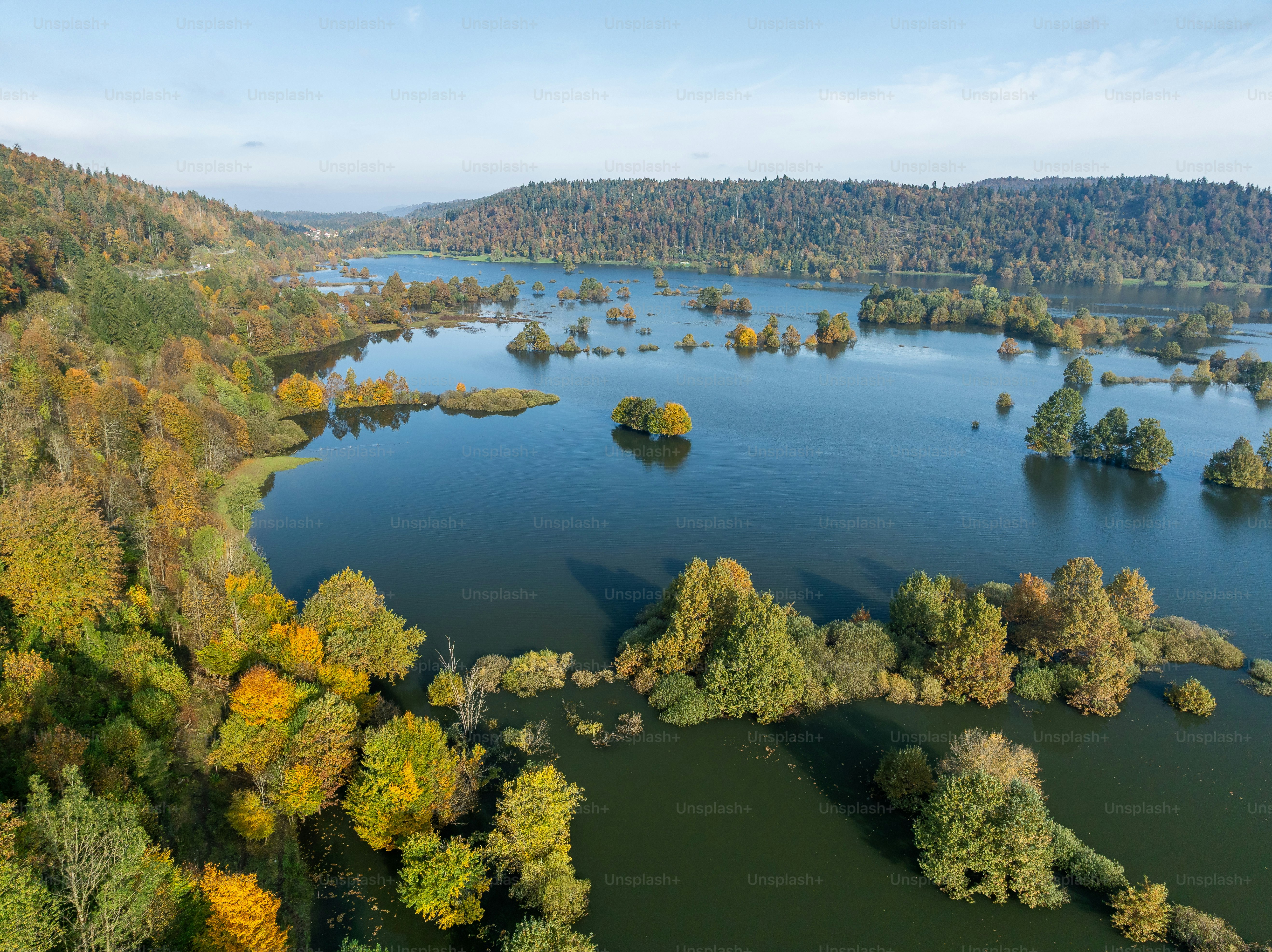 Des arbres d’automne émergent des eaux inondées des lacs sous un ciel bleu