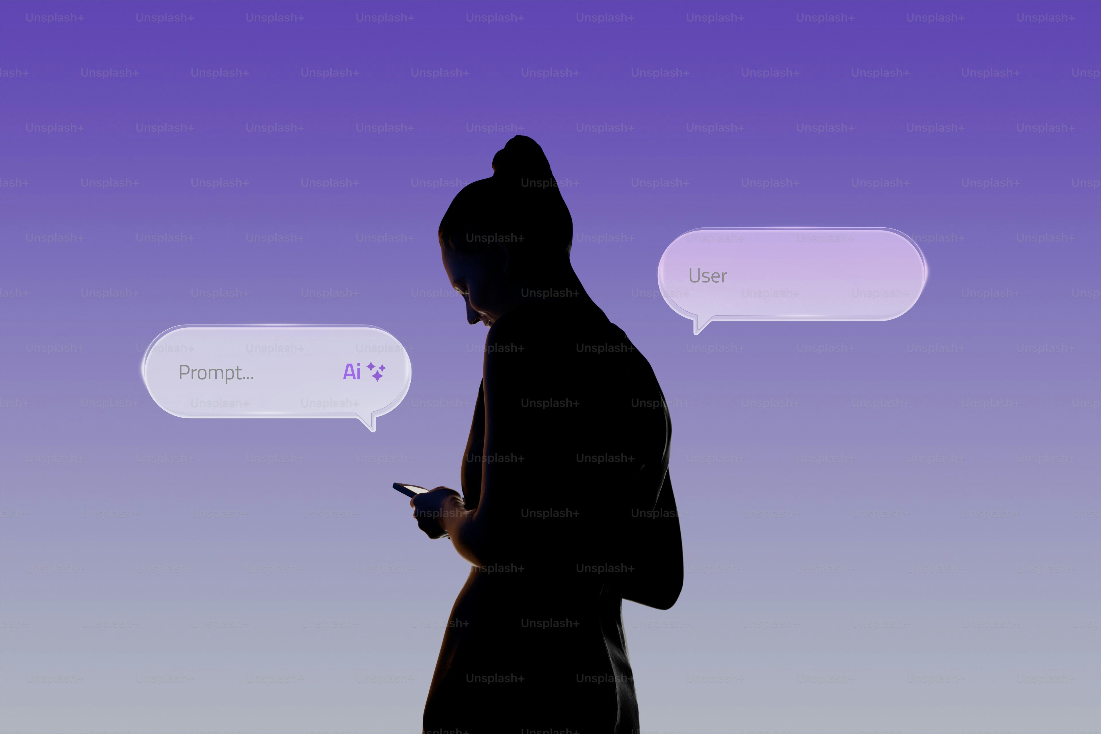 Silhouette of a person texting with speech bubbles