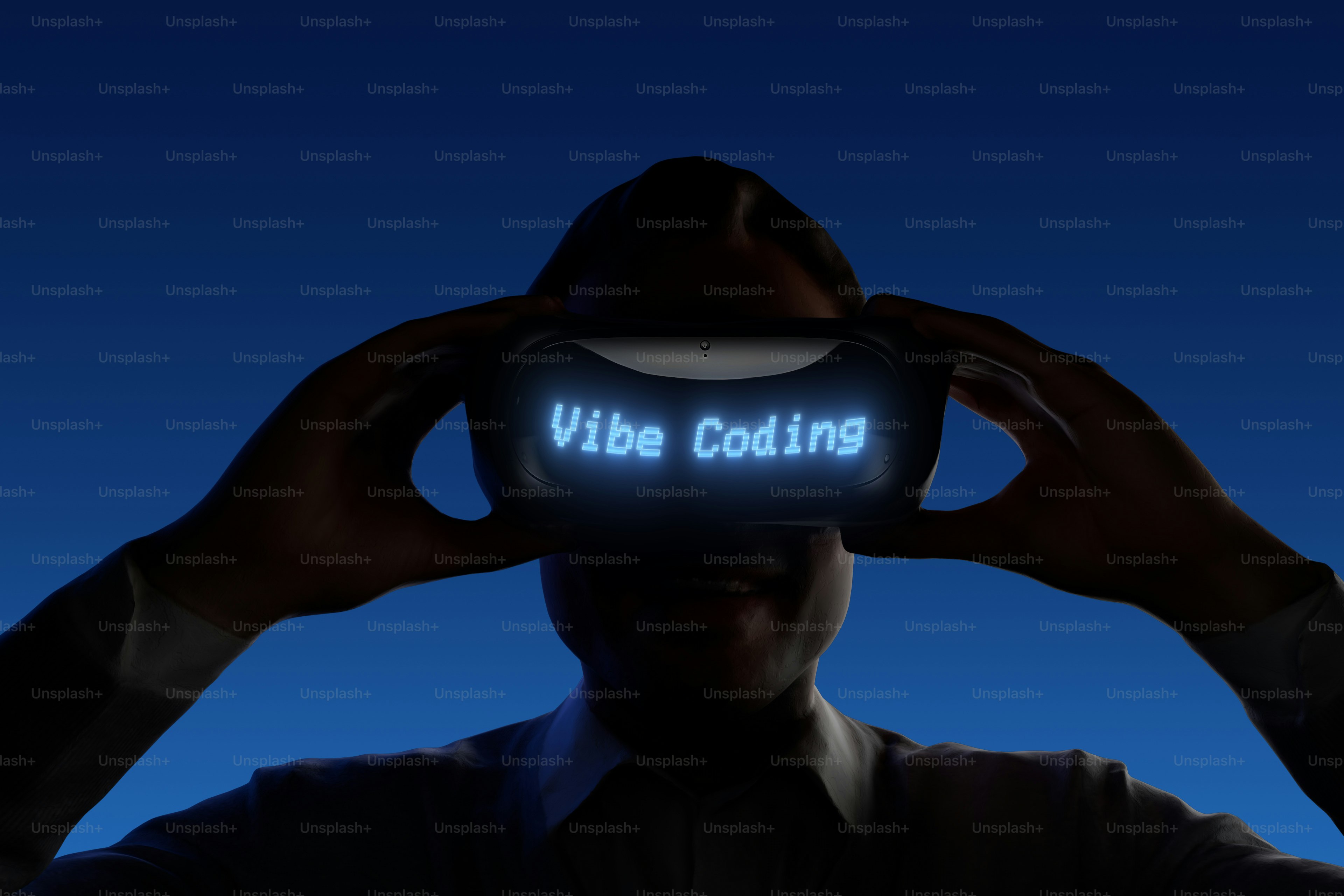 Person wearing vr headset with "vibe coding" text.