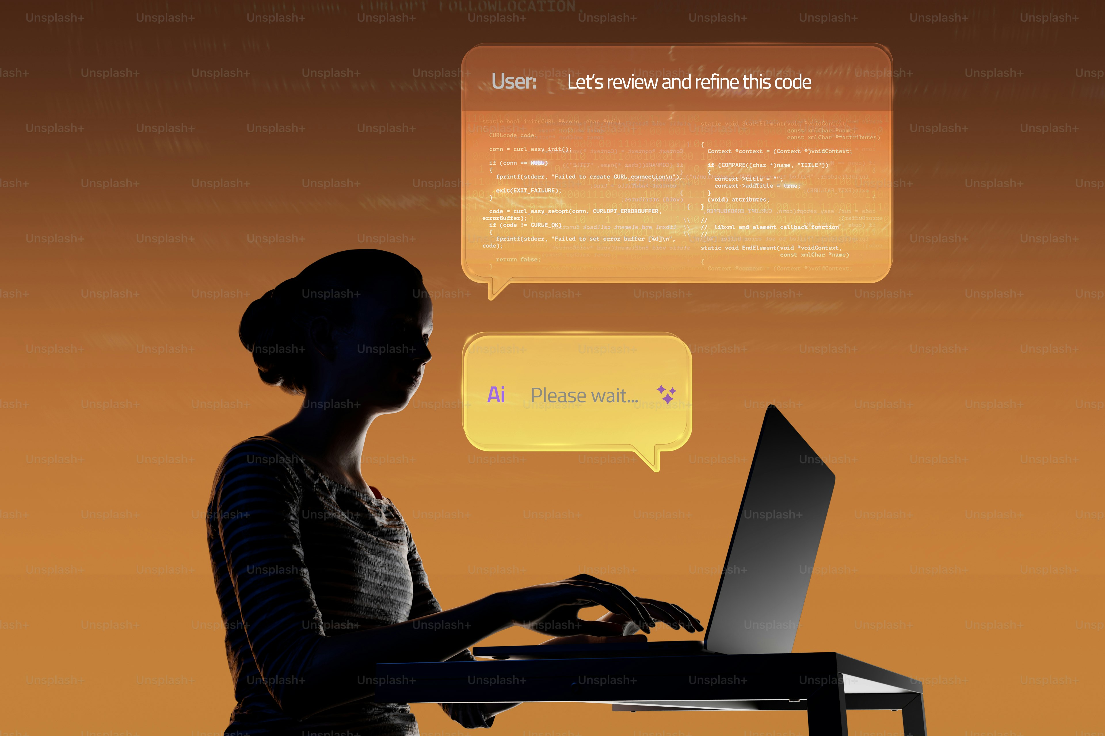 Woman working on laptop with chat bubbles