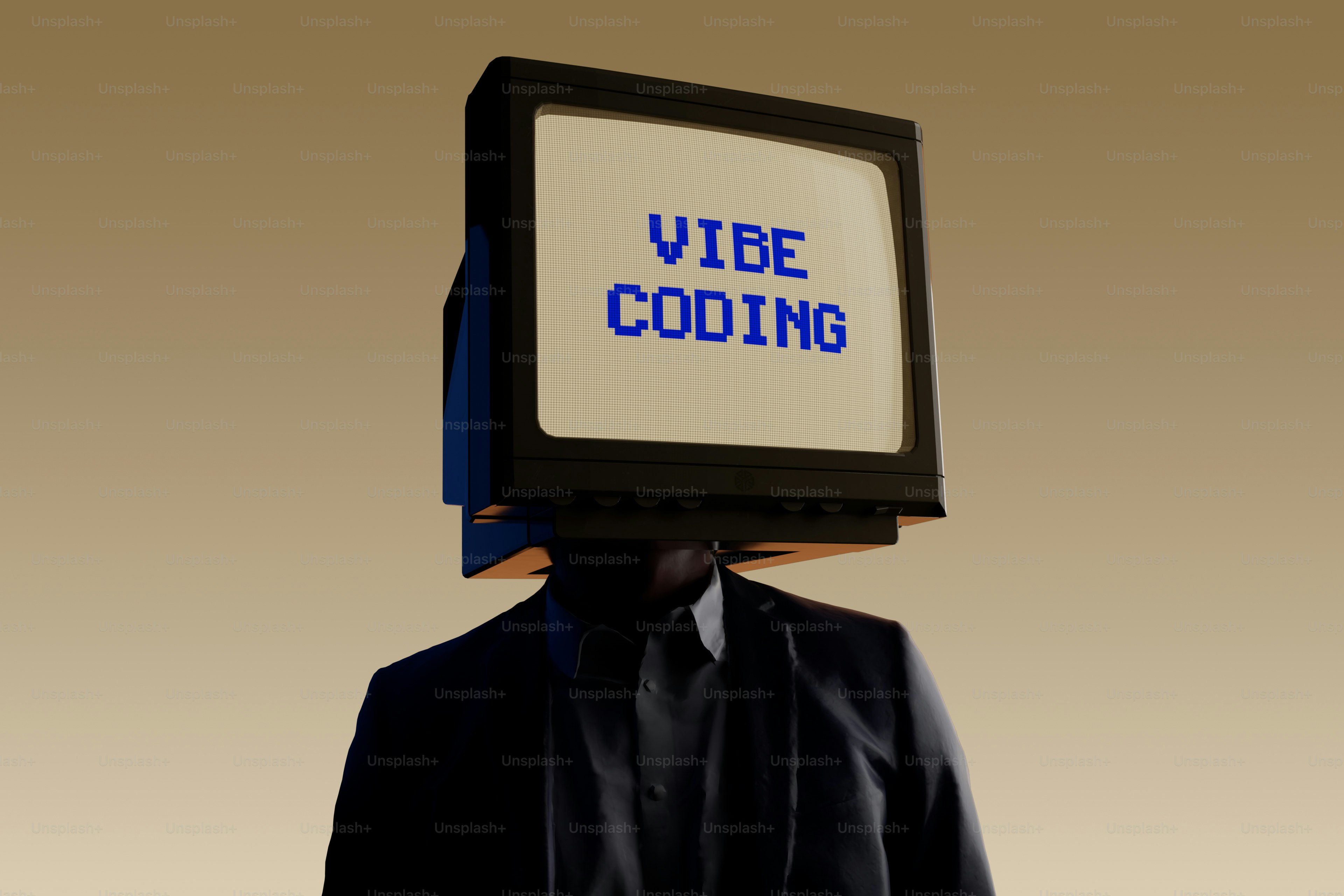 Man with vintage TV for head displaying vibe coding