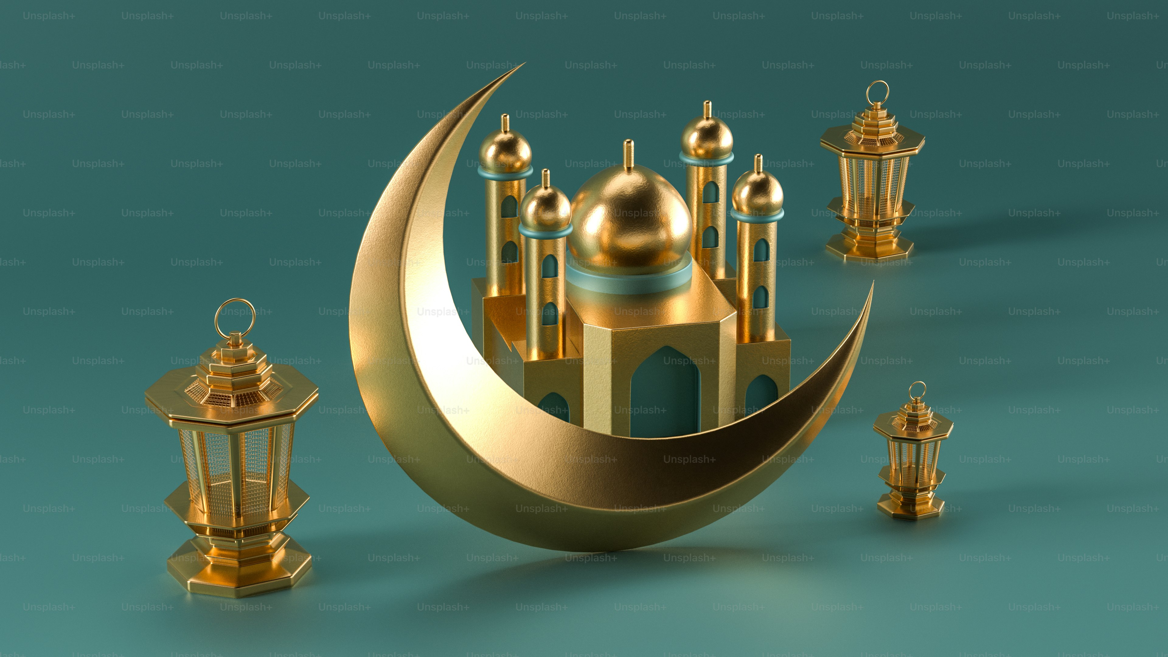 Golden crescent moon with mosque and lanterns photo – Ramadan Image on ...