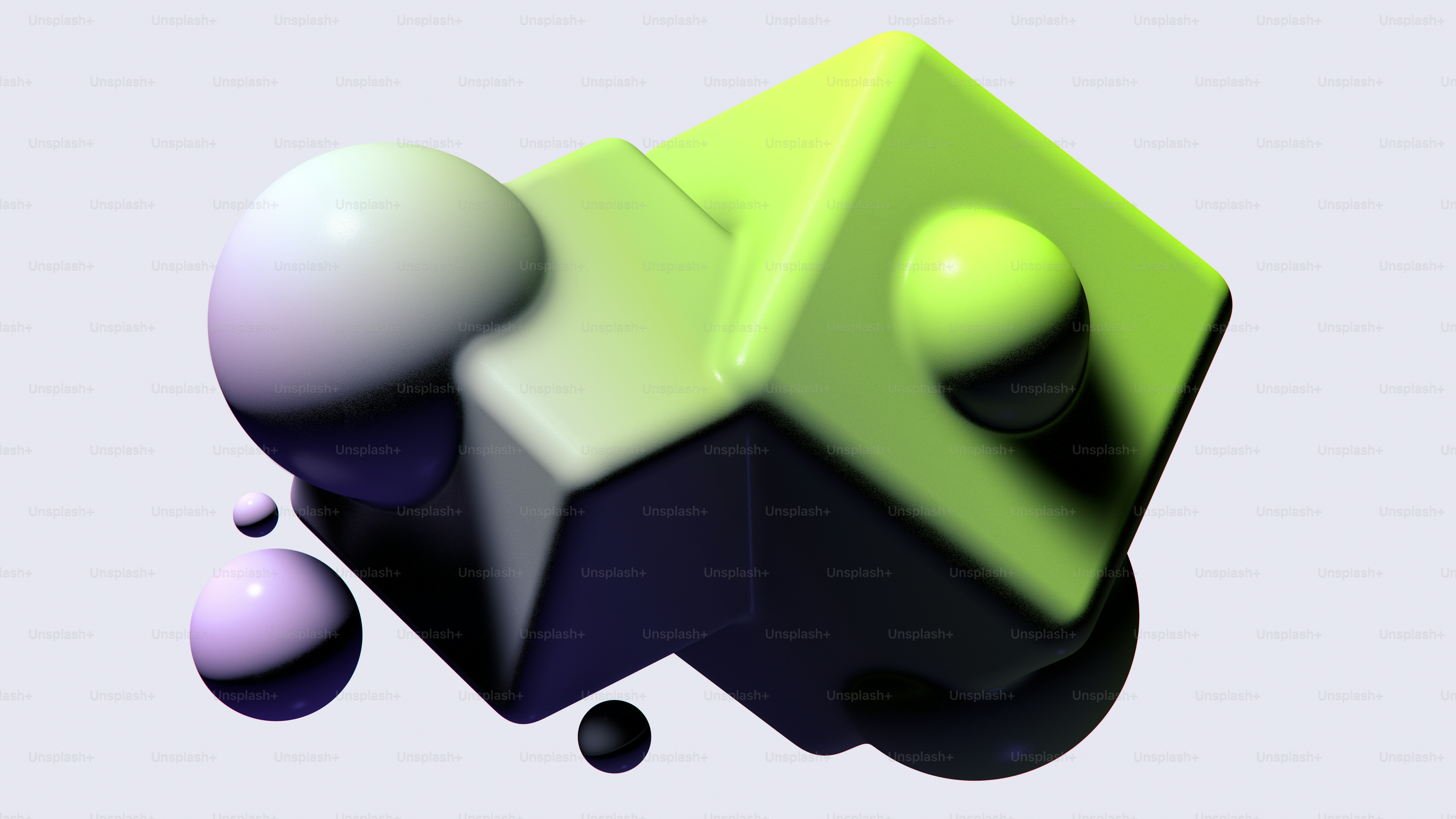 Formas geométricas abstractas verdes y moradas con esferas.