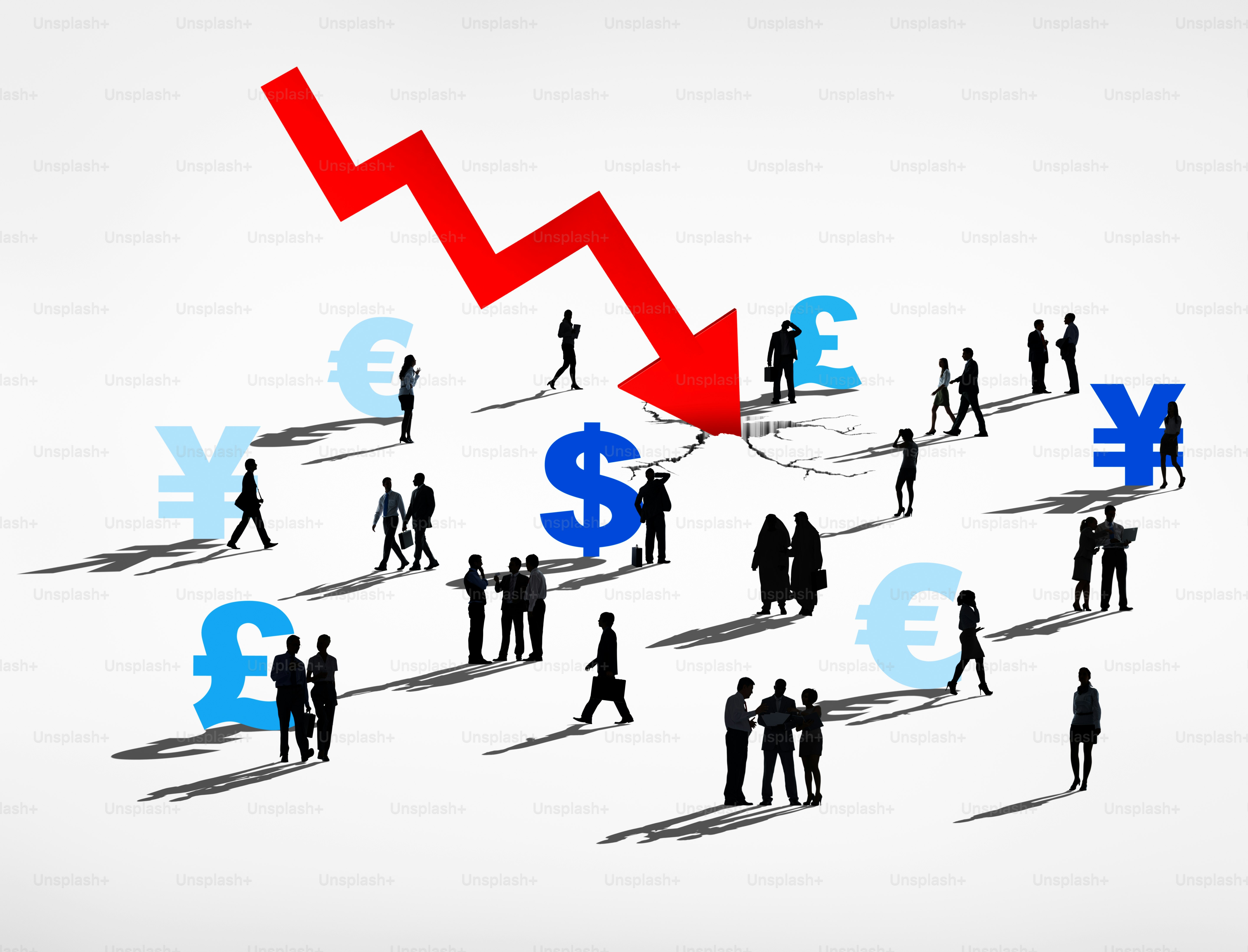 Red arrow indicates financial market decline with currency symbols.