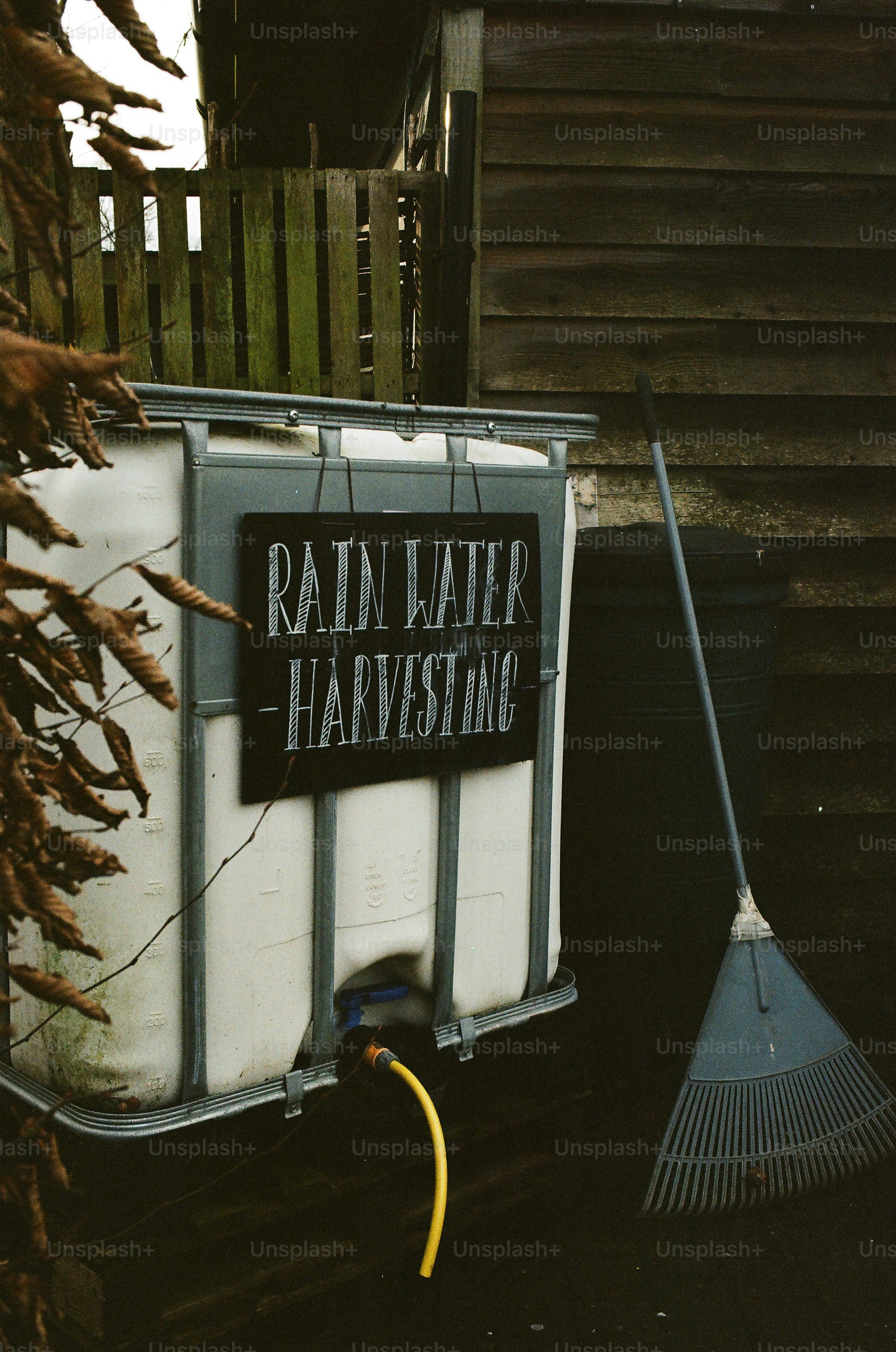 Rain water harvesting tank with a rake.