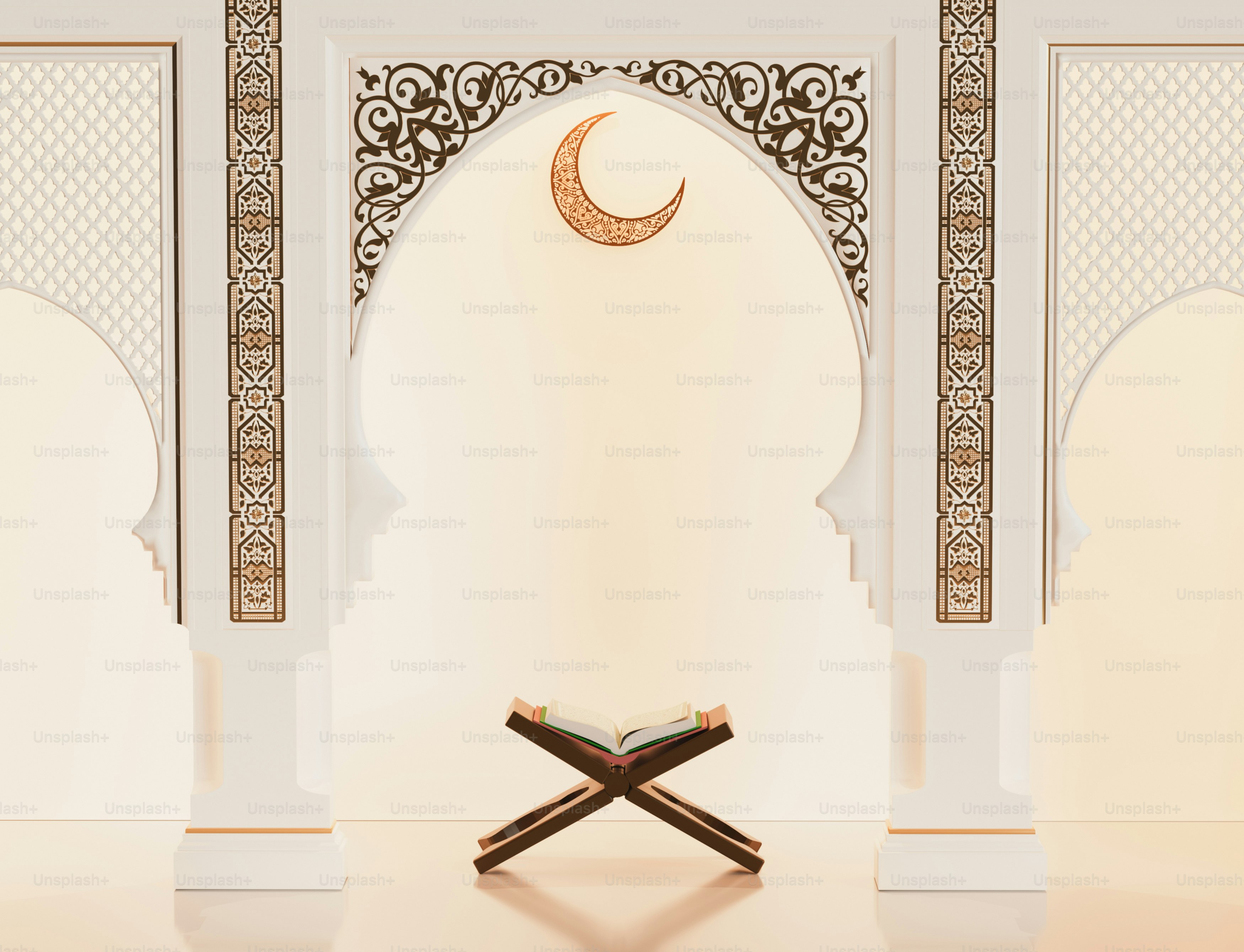 A quran on a wooden stand beneath an arch.