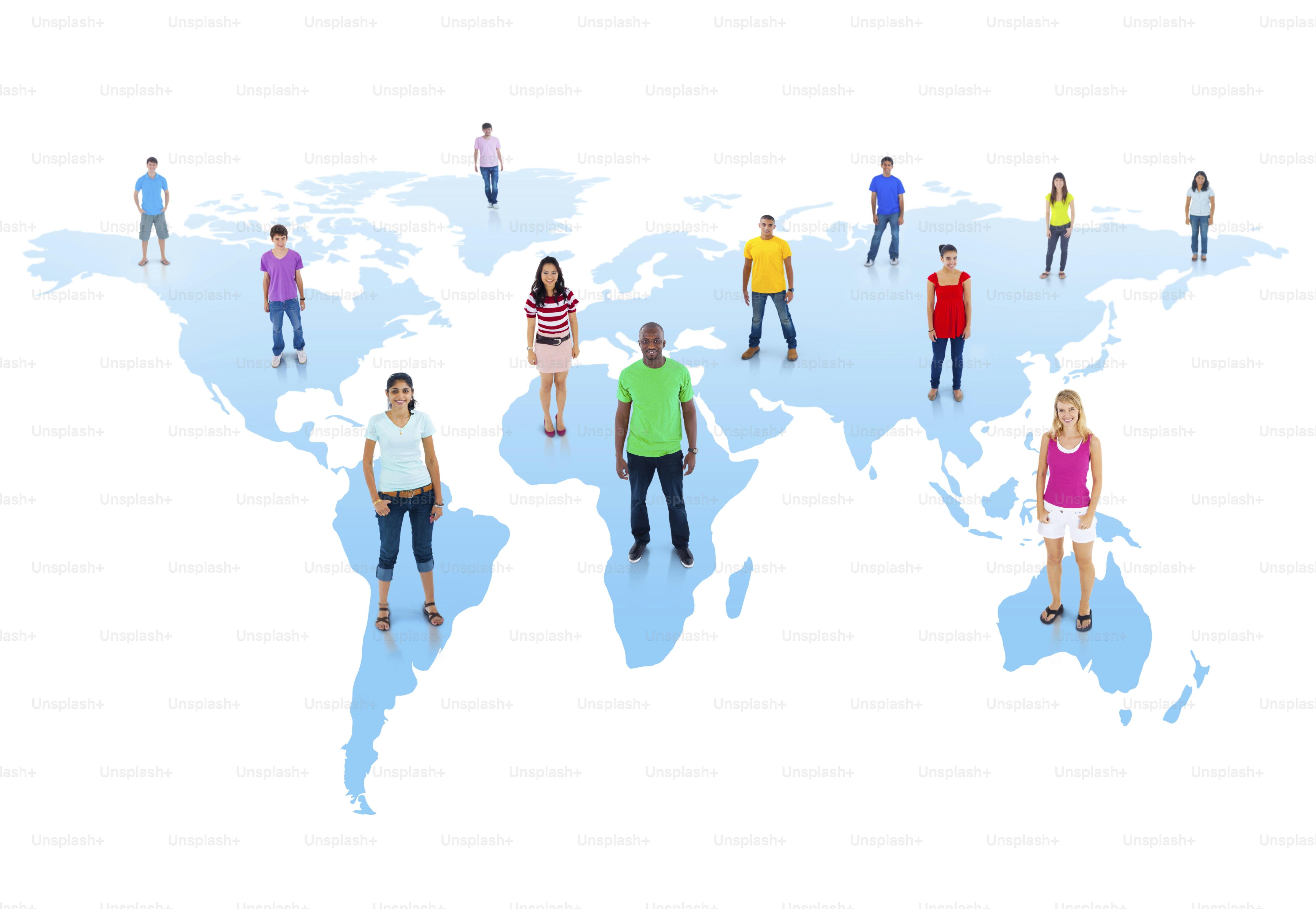 Diverse group of people standing on a world map.
