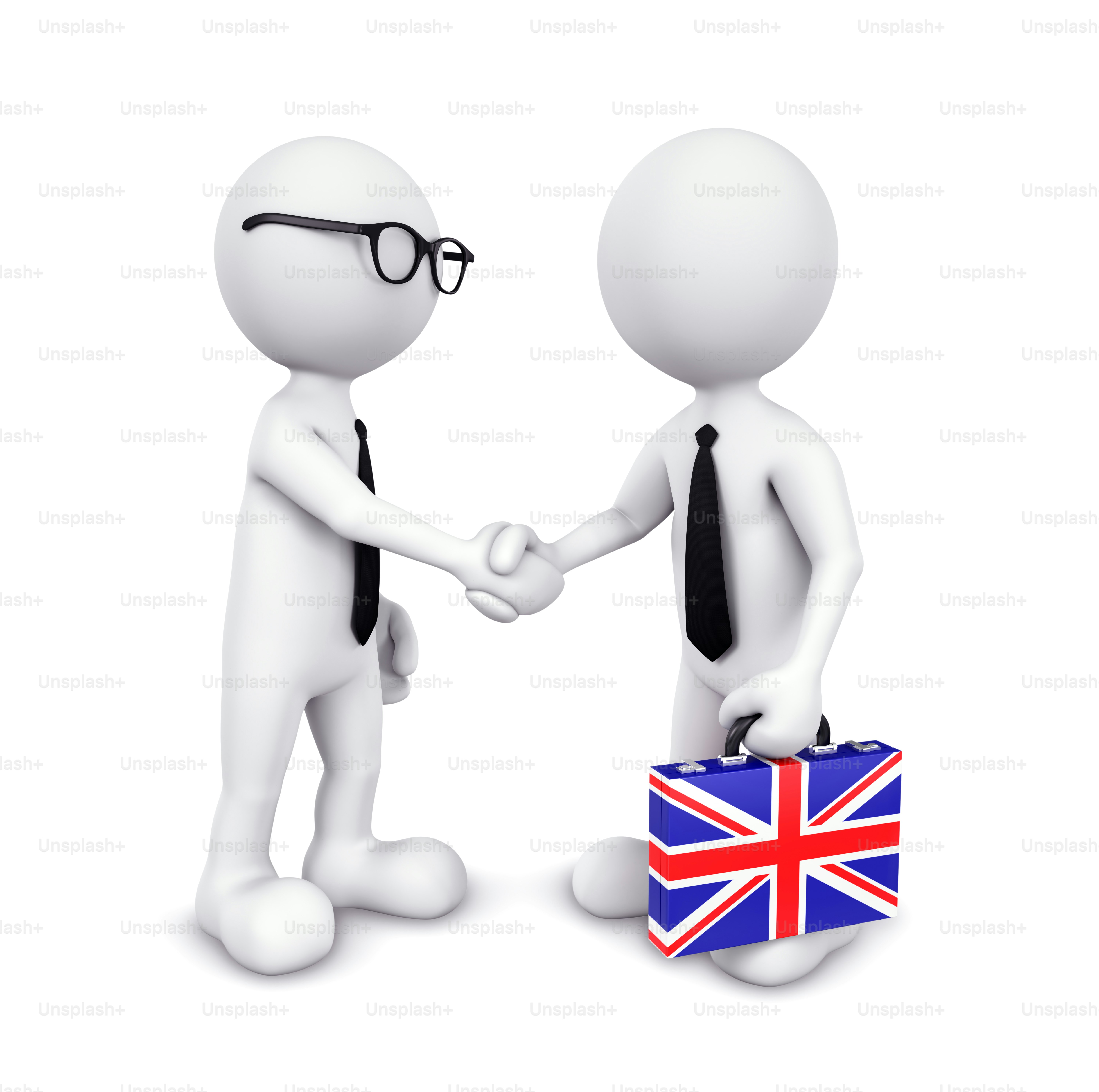Two figures shaking hands with a union jack briefcase.