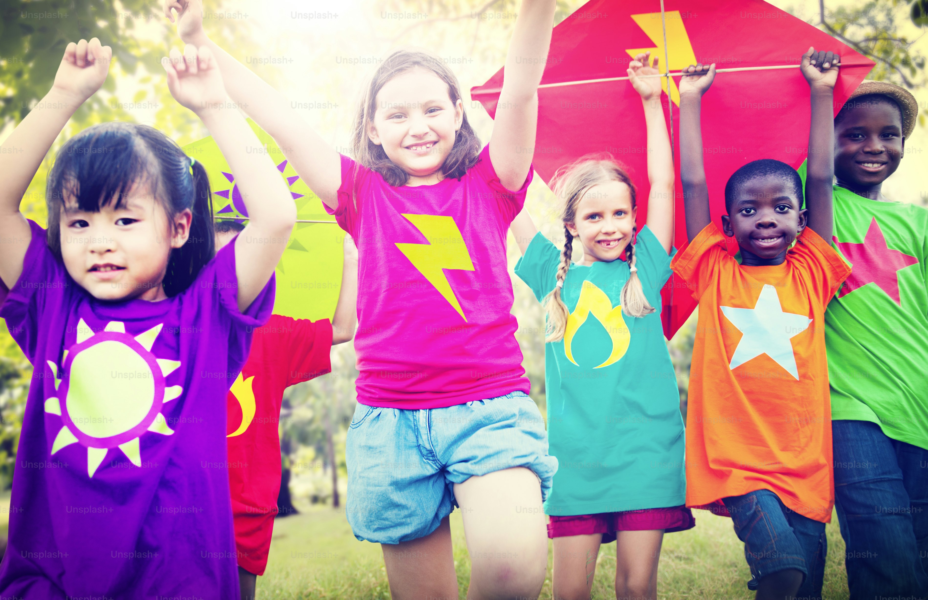 Children Flying Kite Playful Friendship Concept
