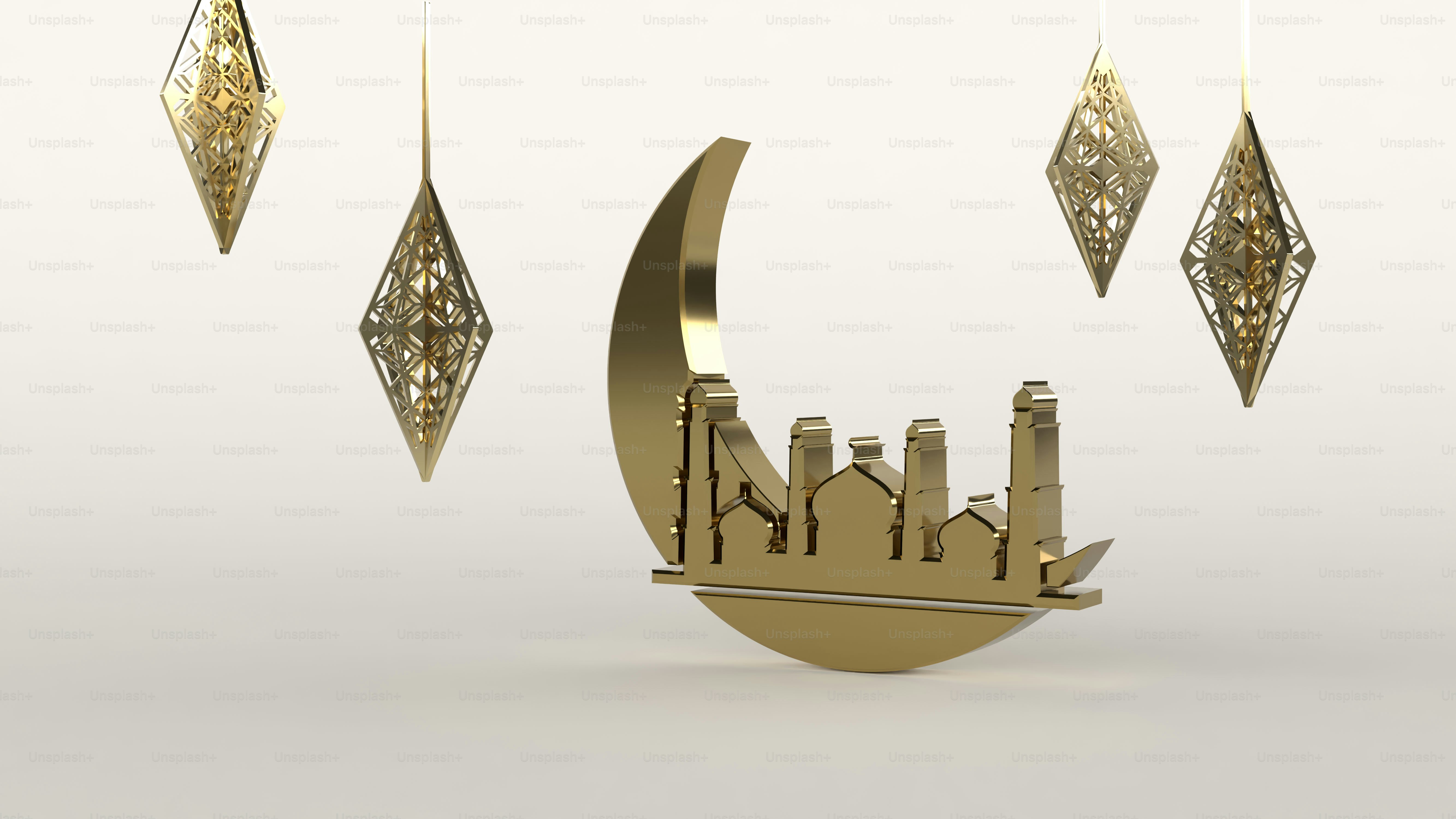 Golden crescent moon with mosque silhouette and lanterns