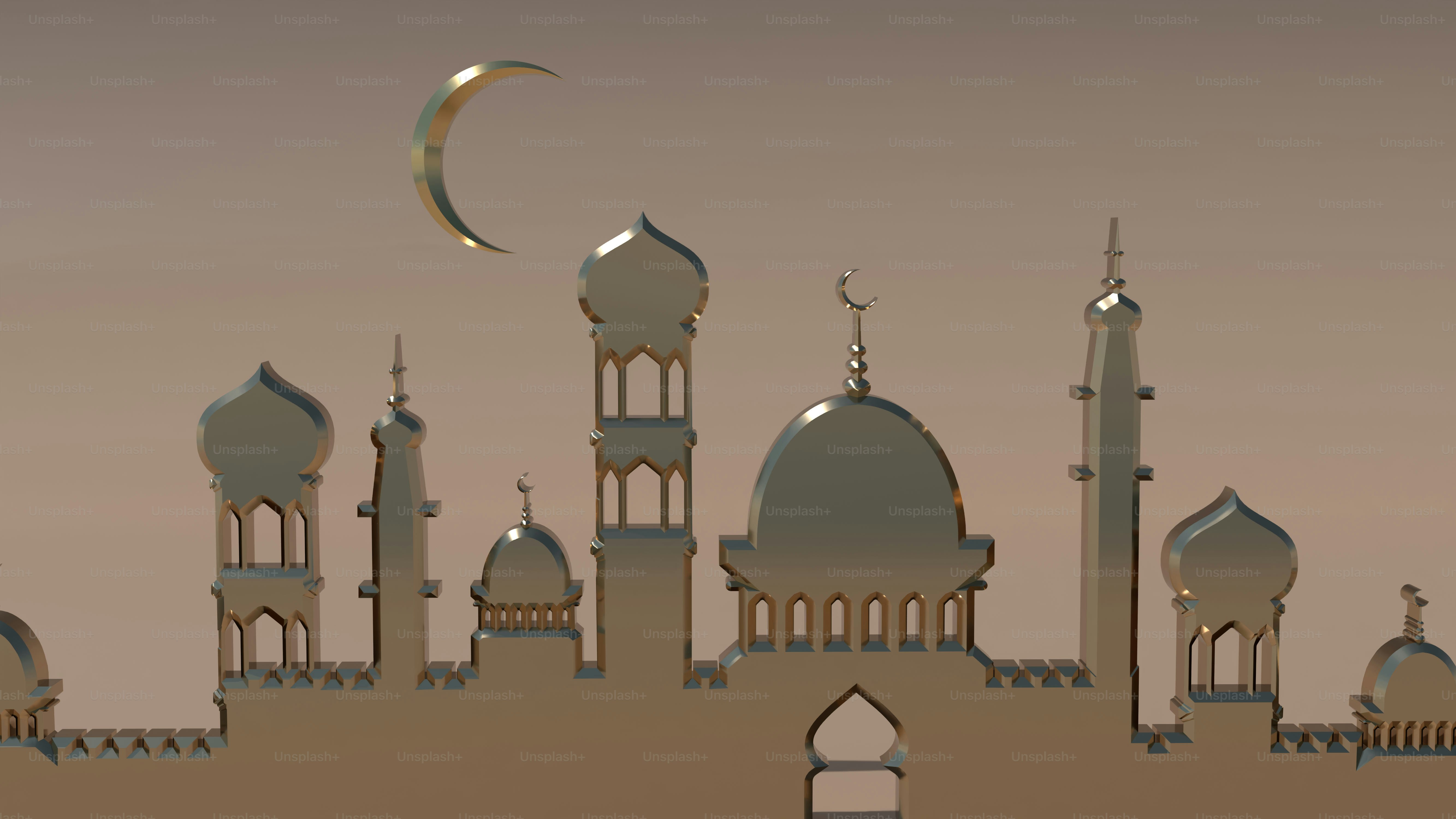 Golden crescent moon above mosque silhouette at dusk.
