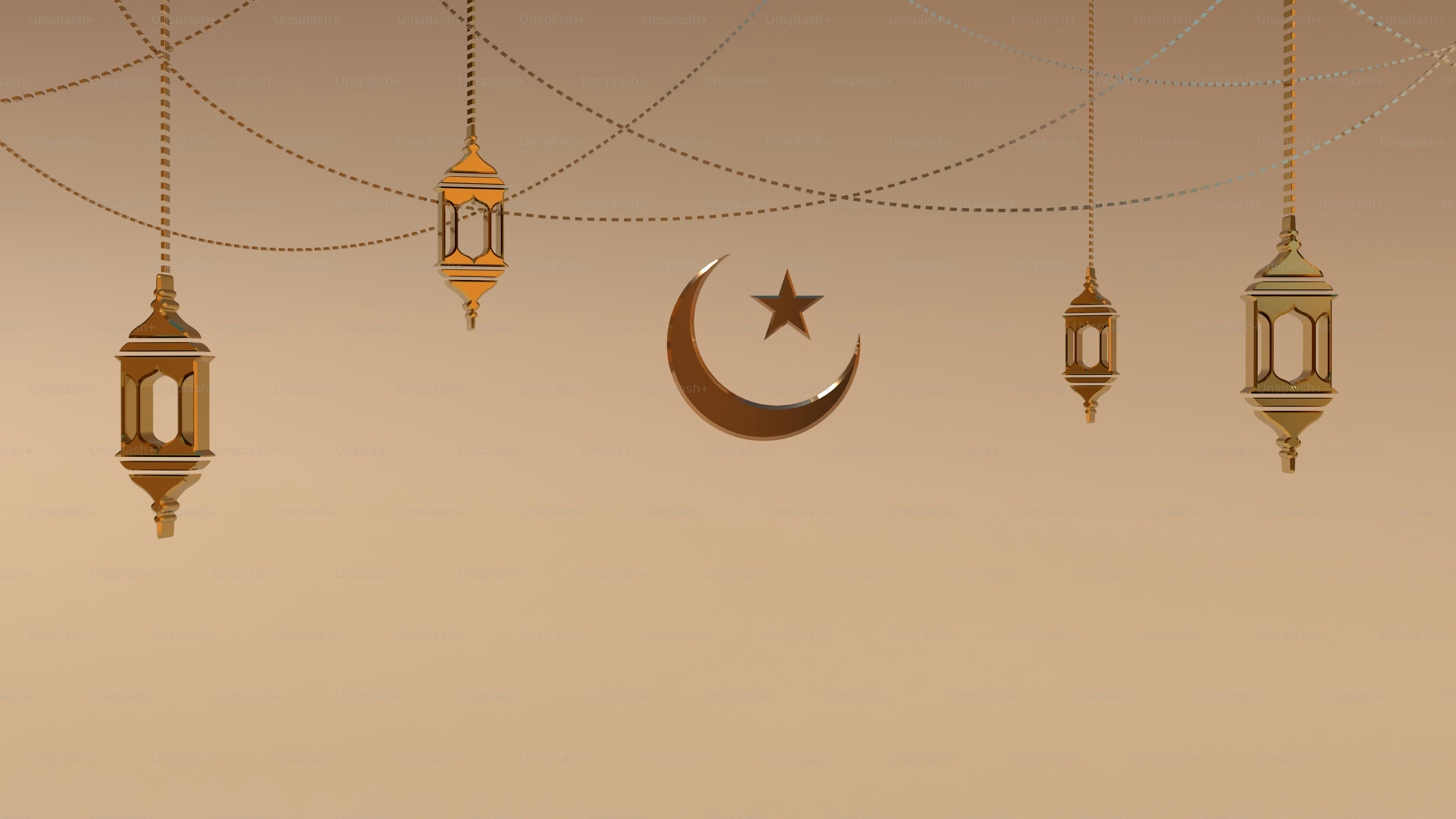 Islamic crescent moon and star with lanterns