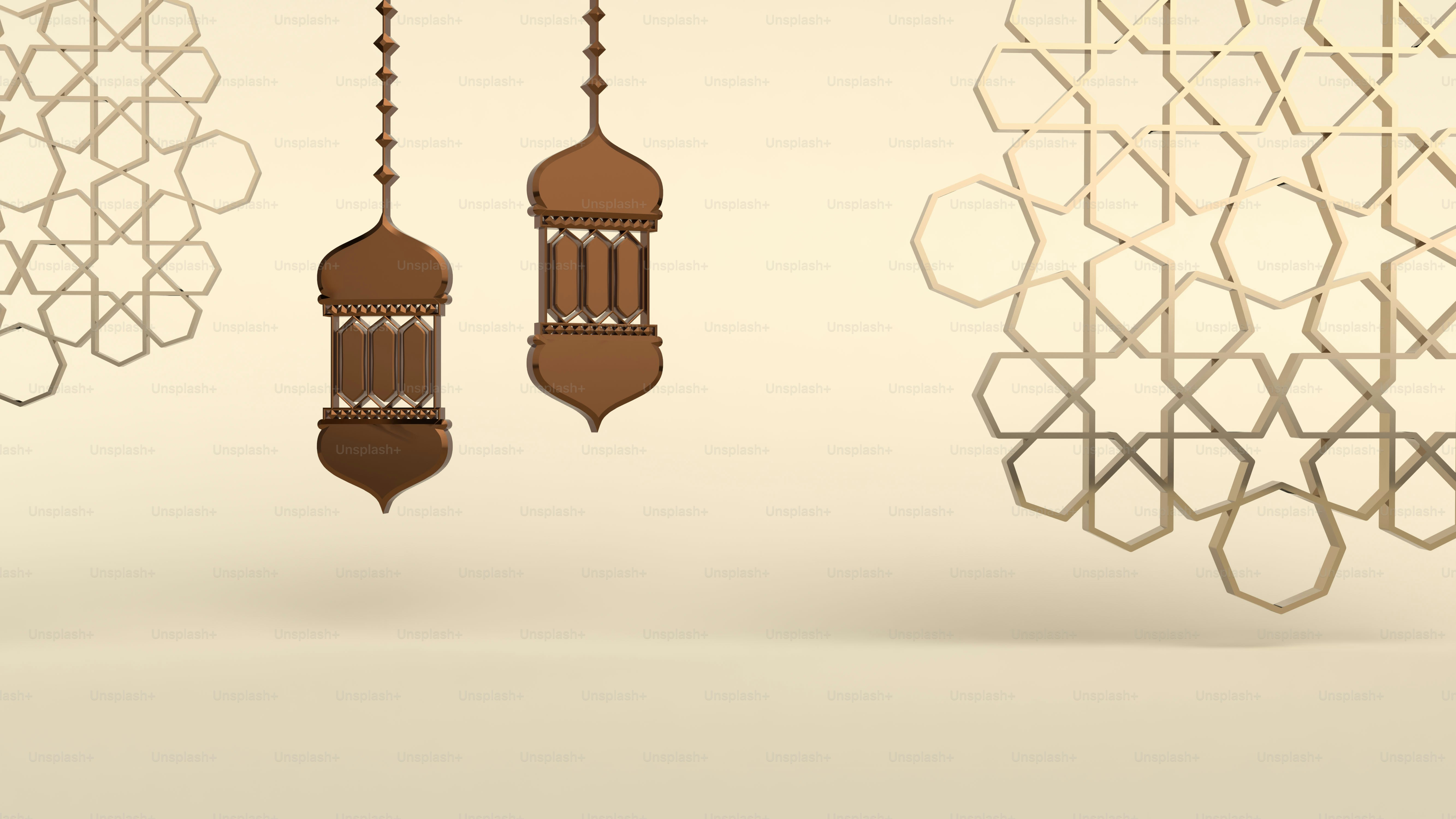 Two hanging islamic lanterns with geometric patterns