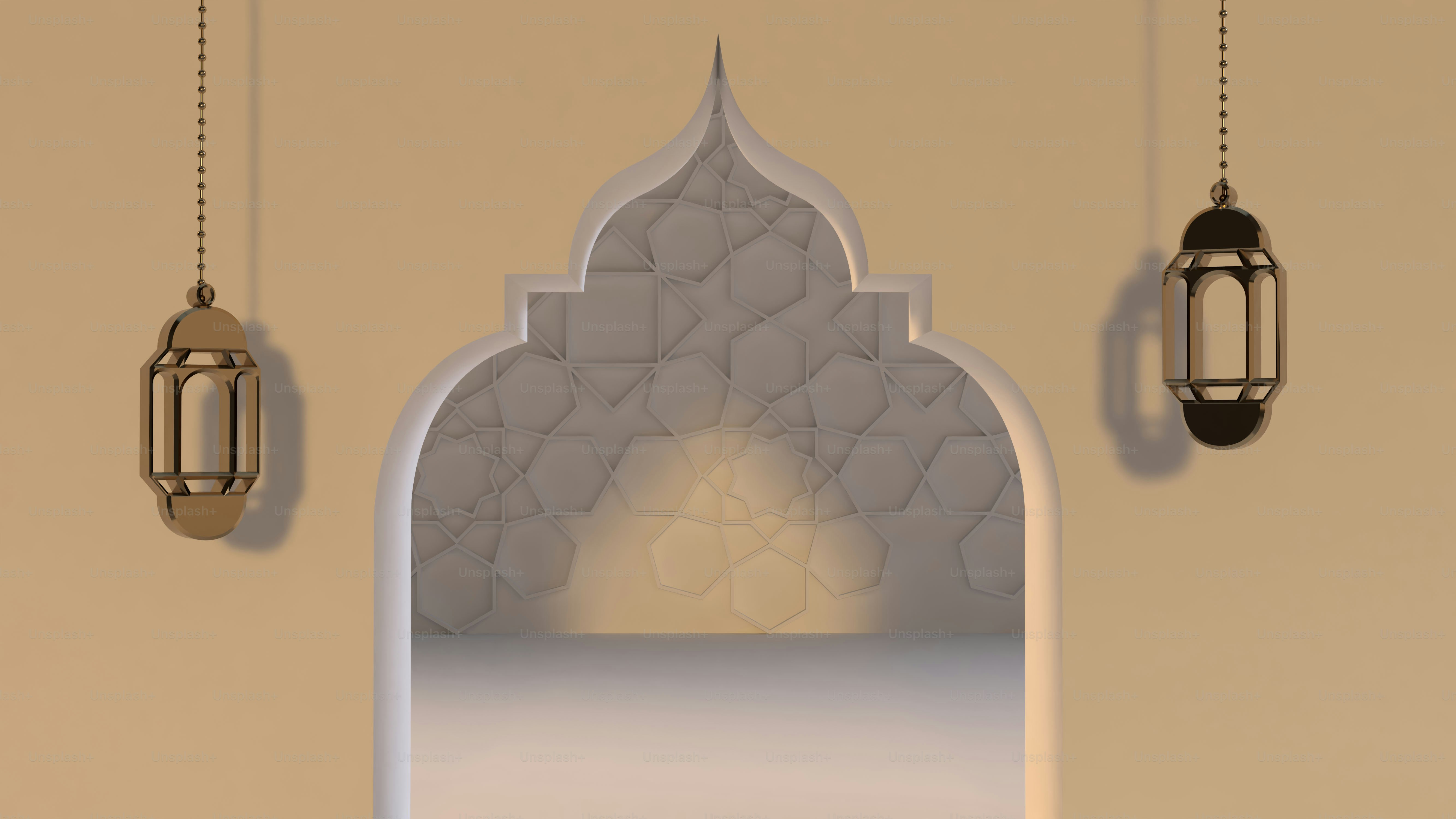 Ornate archway with hanging lanterns and geometric patterns.