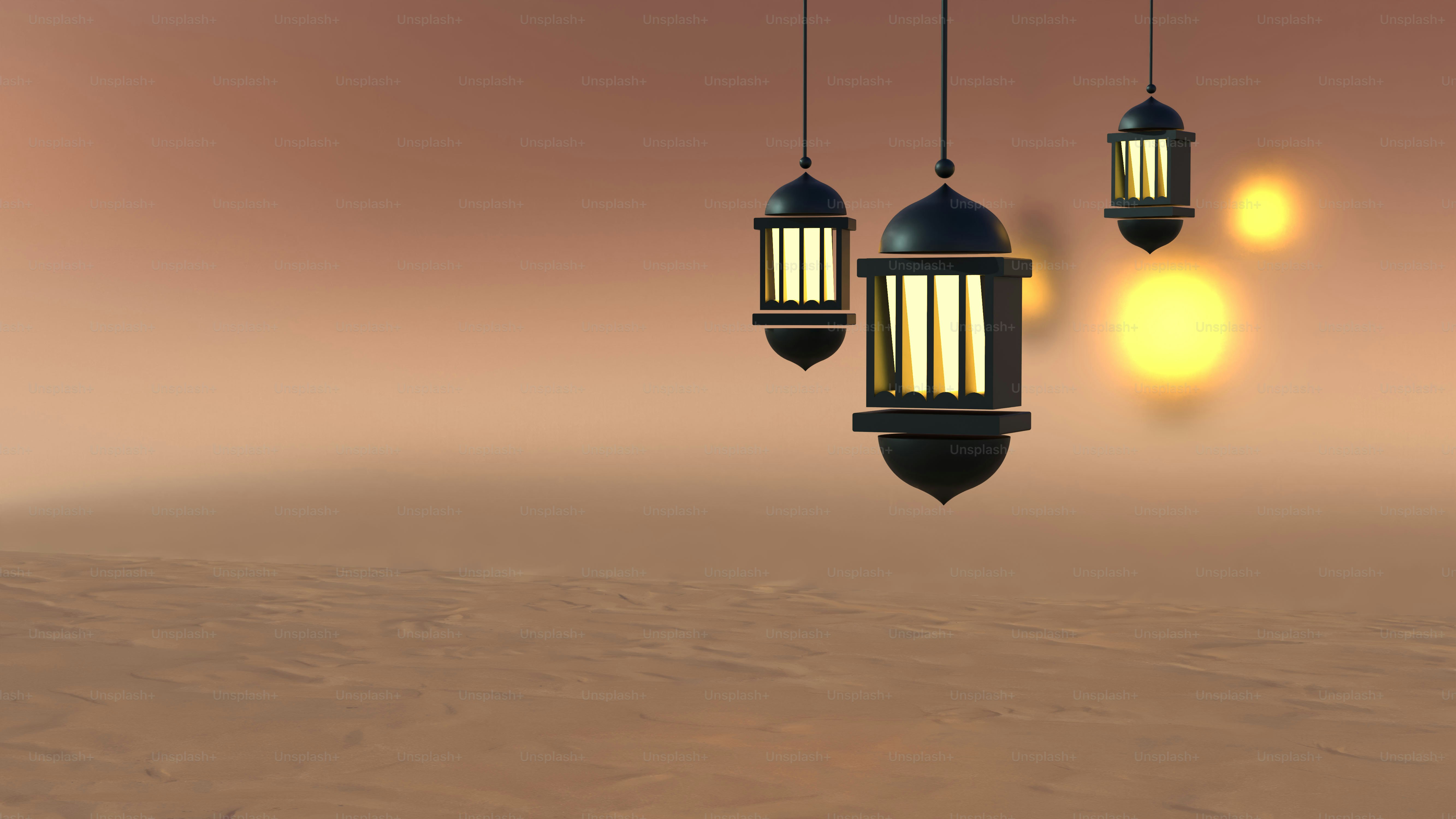 Hanging lanterns illuminate a desert landscape at dusk.