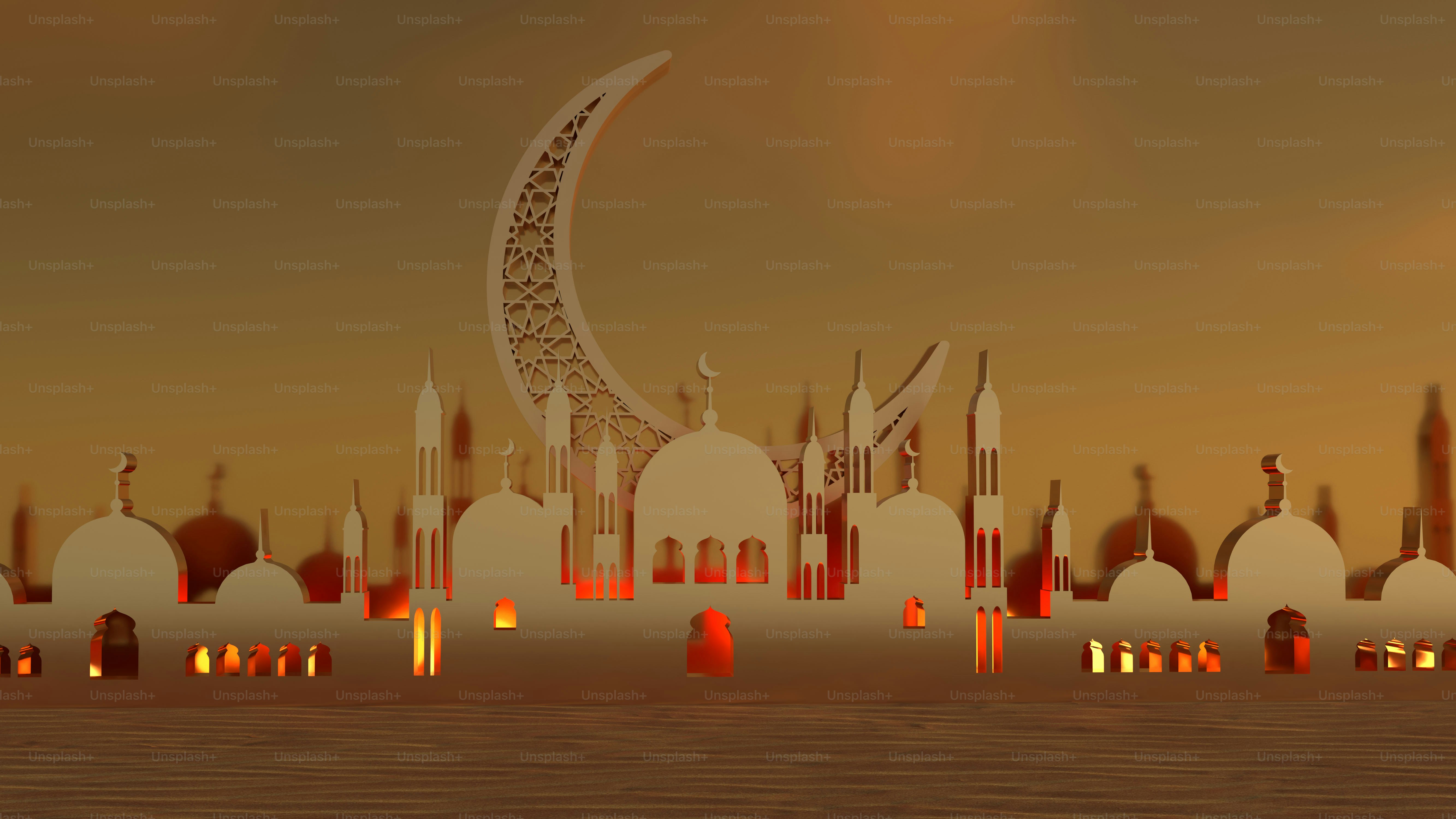 Ramadan crescent moon over mosque silhouette with lanterns