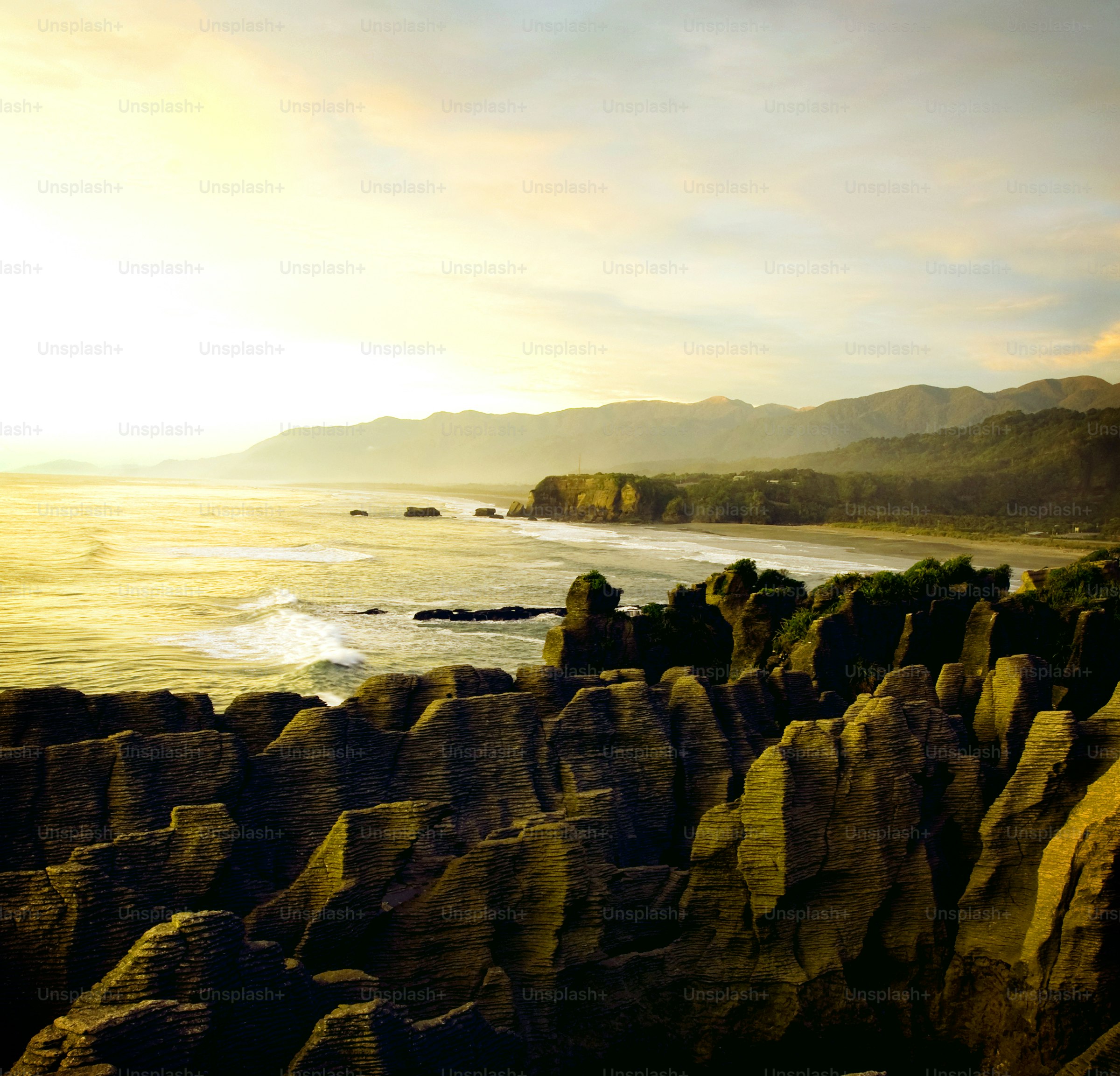 Pancake Rocks in New Zealand Mountain Concept