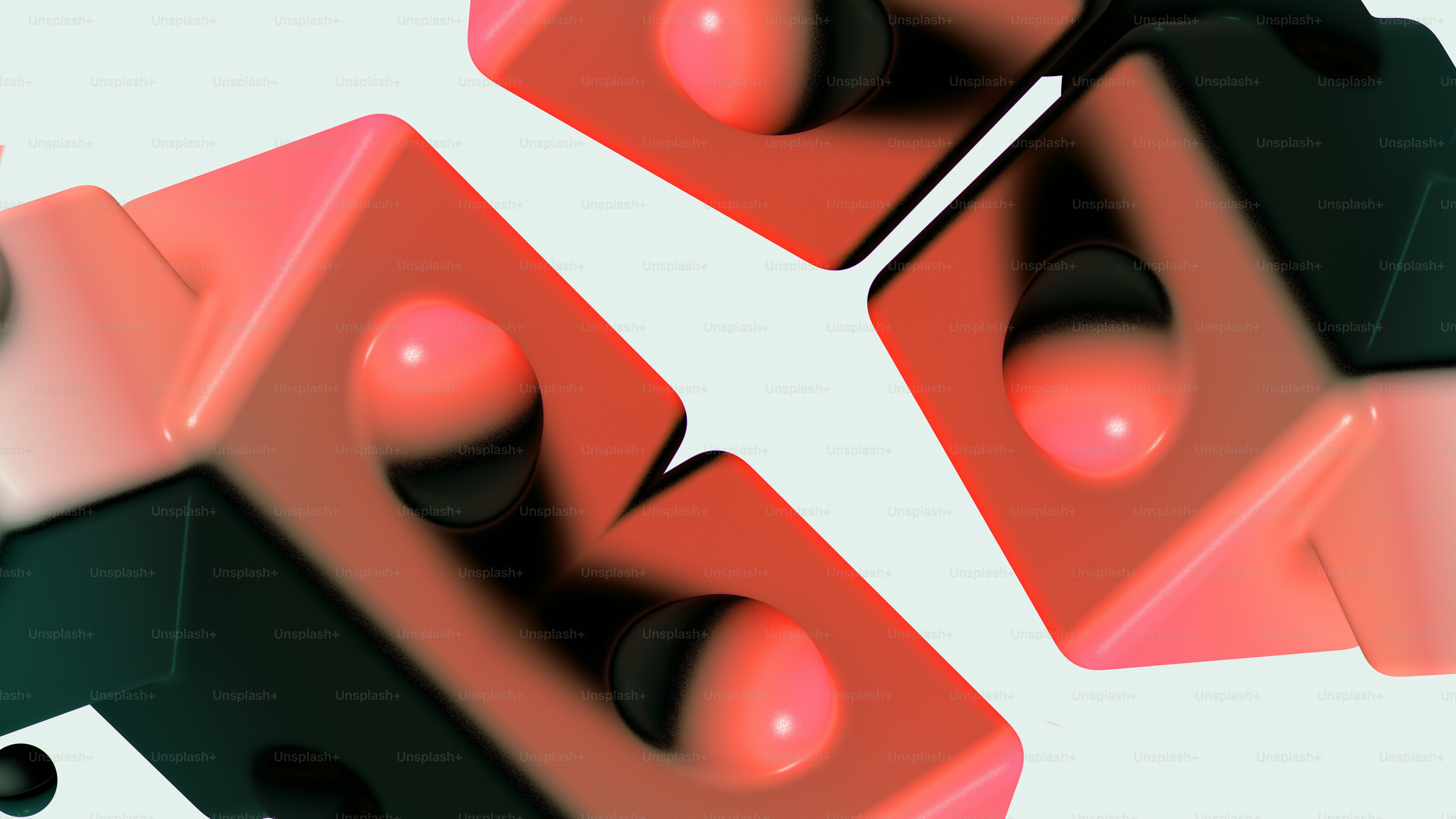 Formas geométricas abstractas rojas y negras con esferas