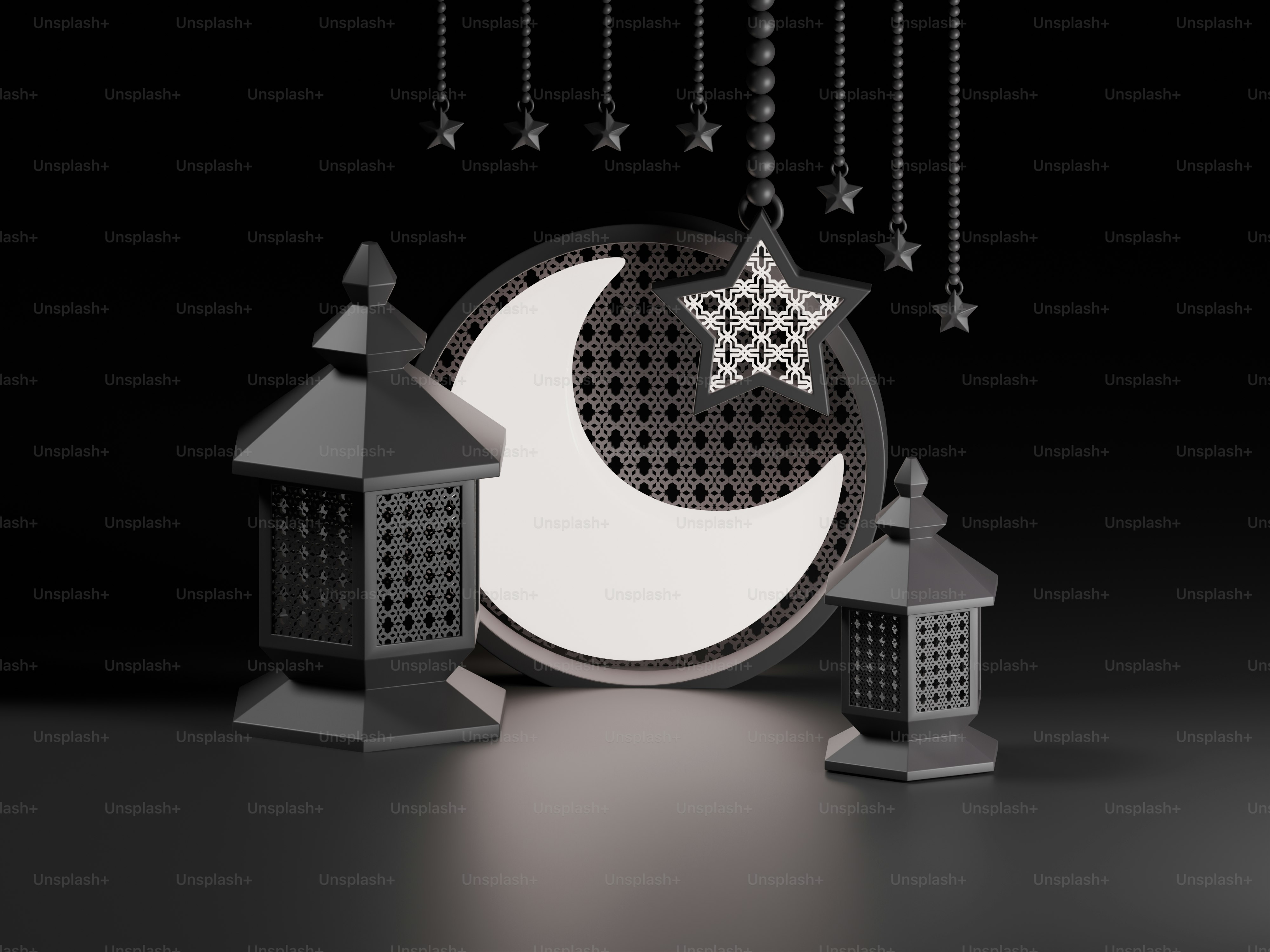 Ein Mondsichel mit Laternen und Sternen