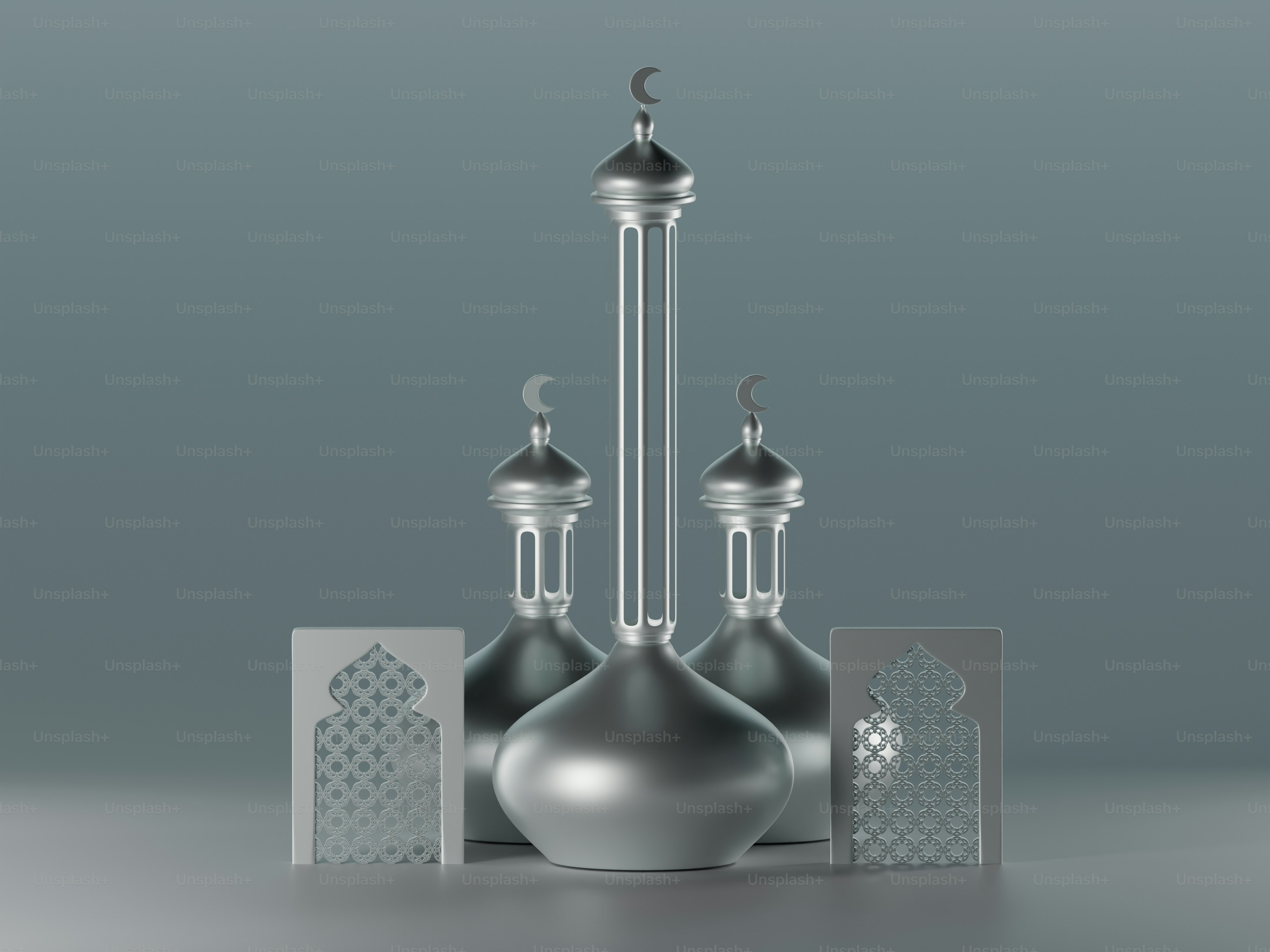Three silver islamic lanterns with ornate designs