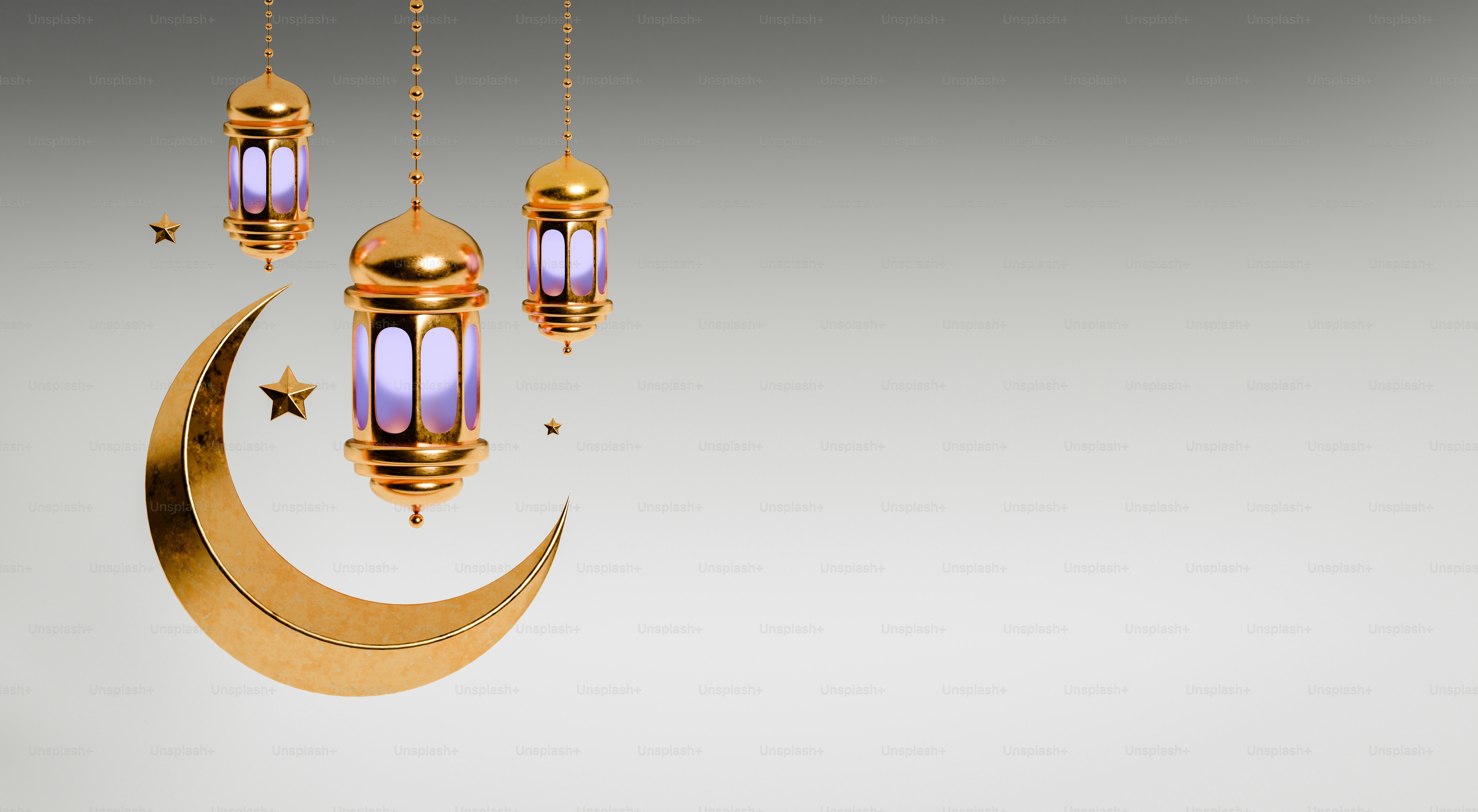 Golden crescent moon with ramadan lanterns and stars