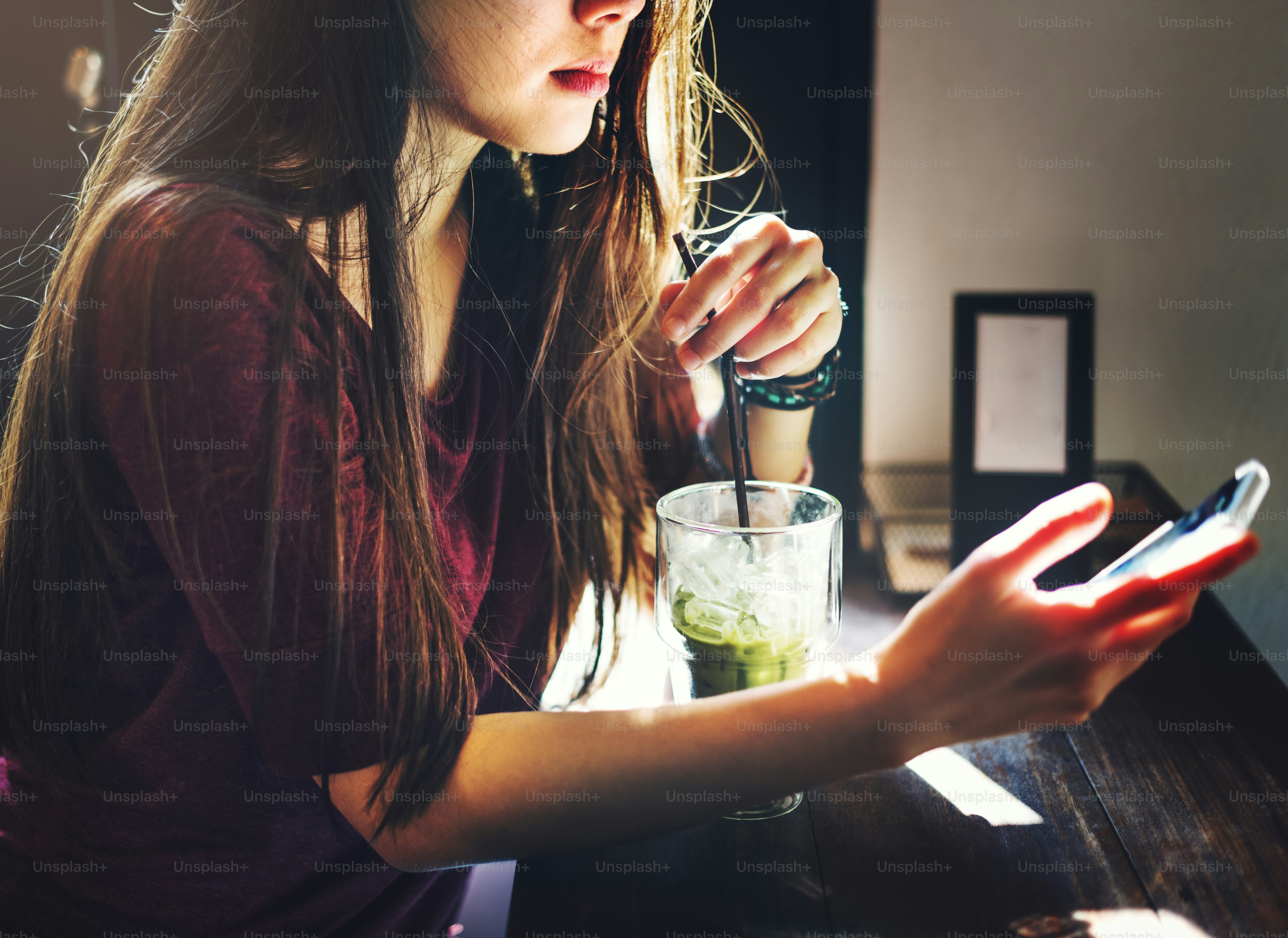 Woman Drinking Beverage Mobile Phone Technology Concept