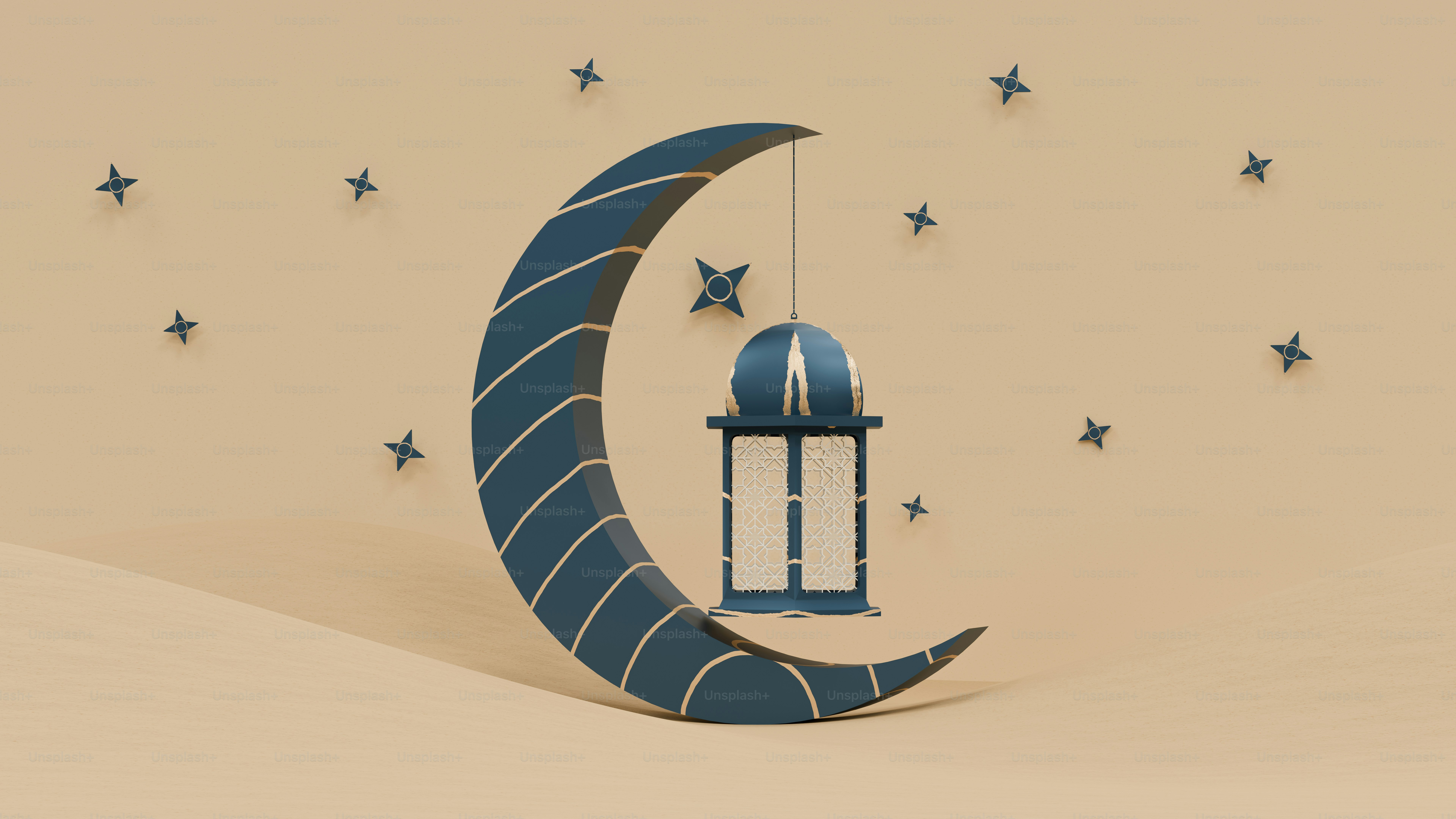 Crescent moon with hanging lantern and stars