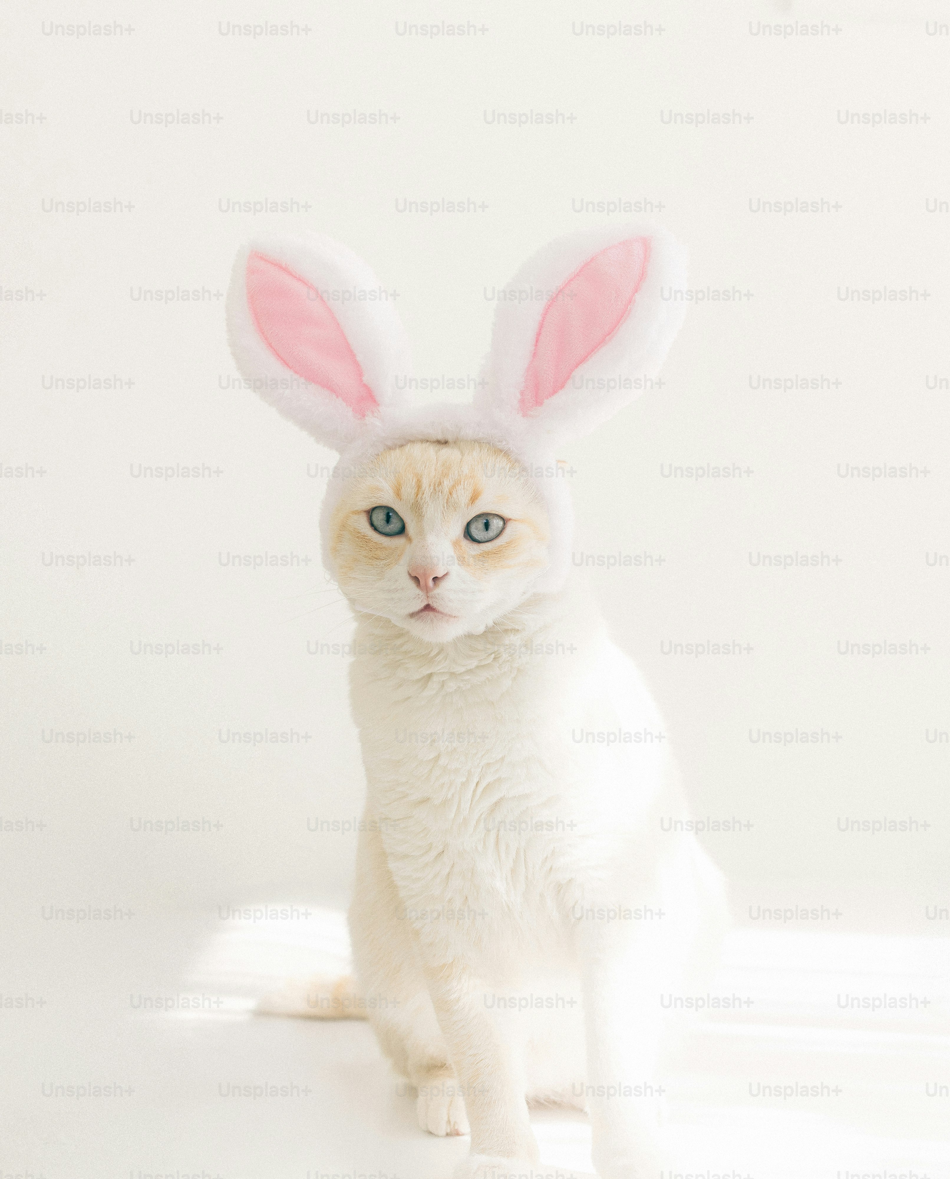 A white cat wears bunny ears against a white background.