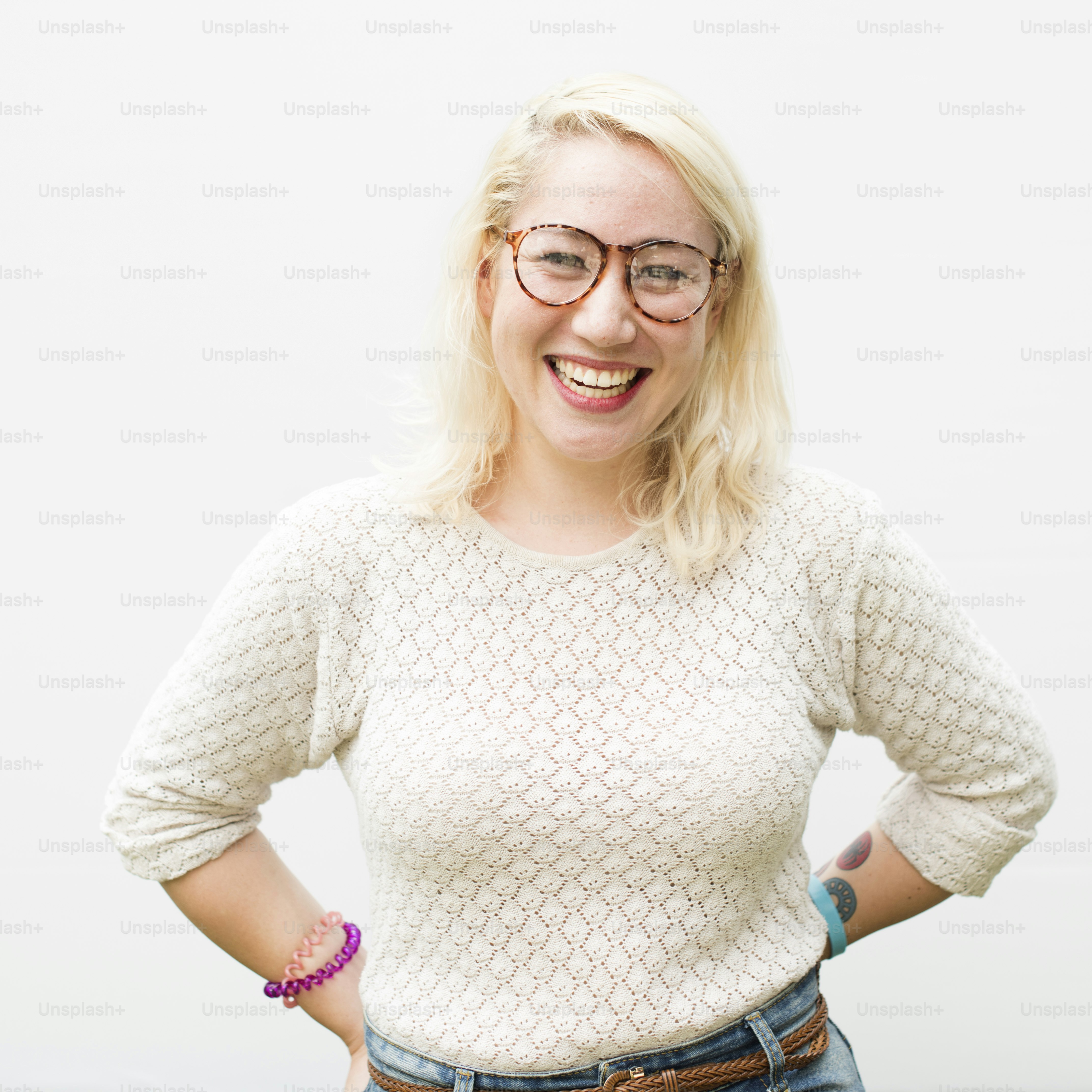 Woman Posing Portrait Fashionable Nerd Concept